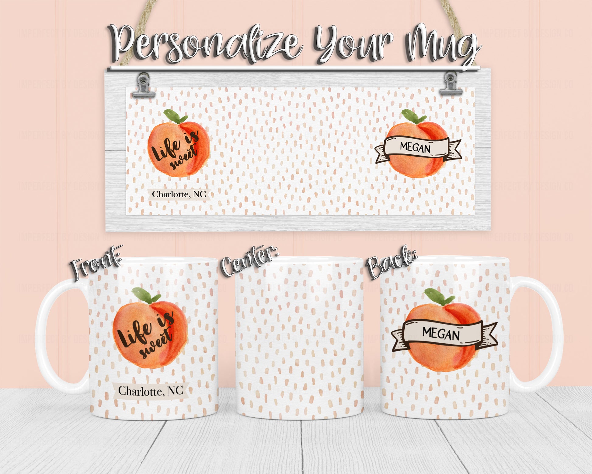 personalized ceramic coffee mug with peach graphic city state and name | imperfect by design co