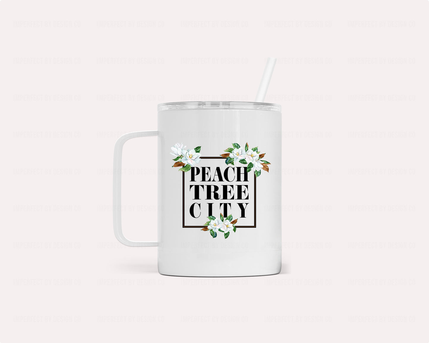 Vacuum insulated camper mug in white with black magnolia blooms frame and silicone gasket lid and straw | imperfecrt by design co