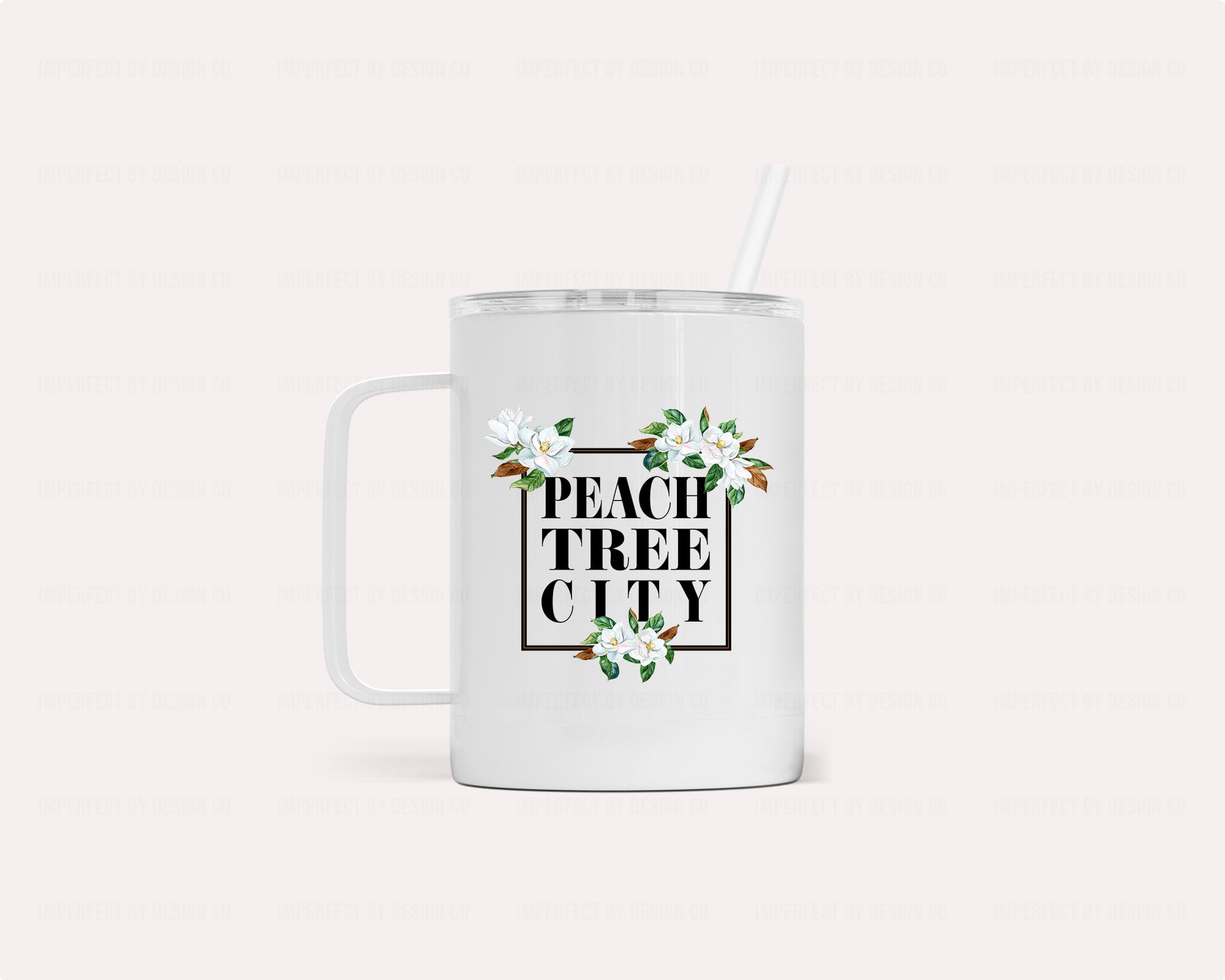 Vacuum insulated camper mug in white with black magnolia blooms frame and silicone gasket lid and straw | imperfecrt by design co