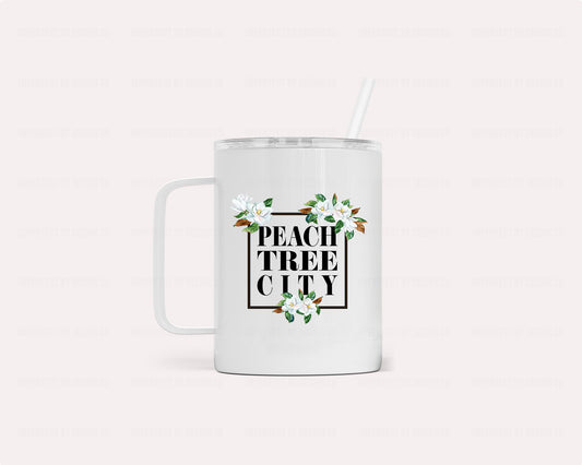 Vacuum insulated camper mug in white with black magnolia blooms frame and silicone gasket lid and straw | imperfecrt by design co