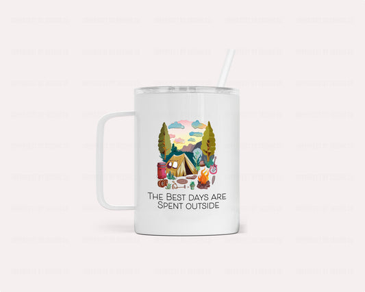 12 oz Wilderness Wanderlust stainless steel camper mug with "The best days are spent outside" phrase | imperfect by design co