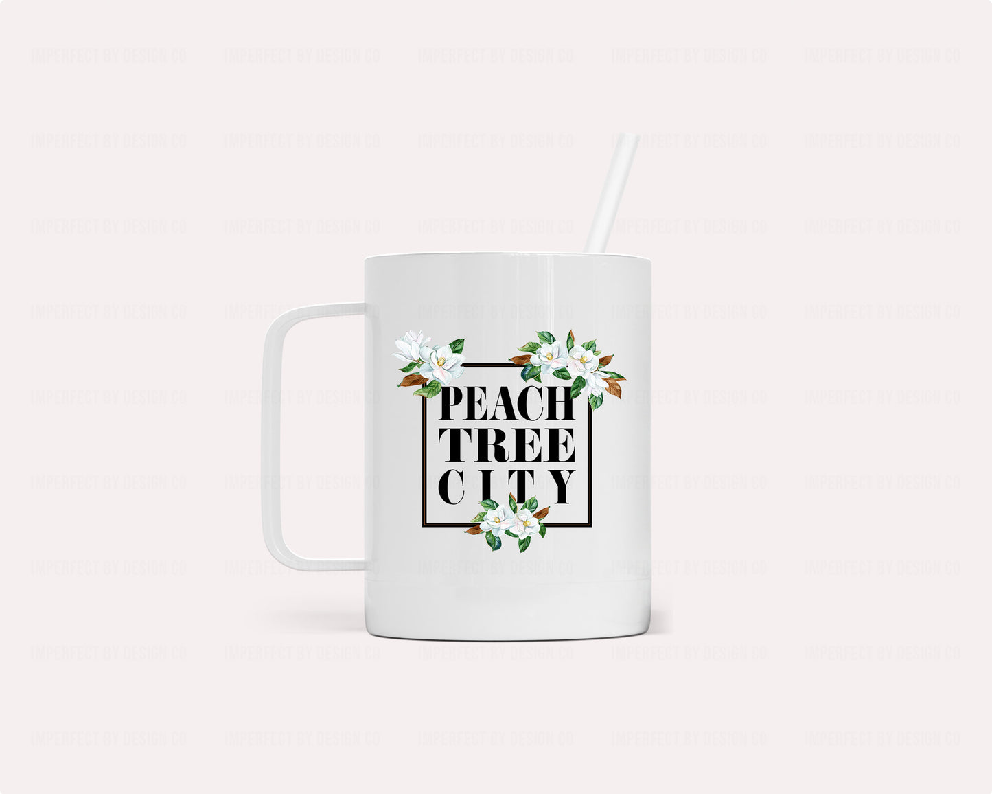 Insulated camper mug in white with black magnolia blooms frame with reusable straw | imperfecrt by design co