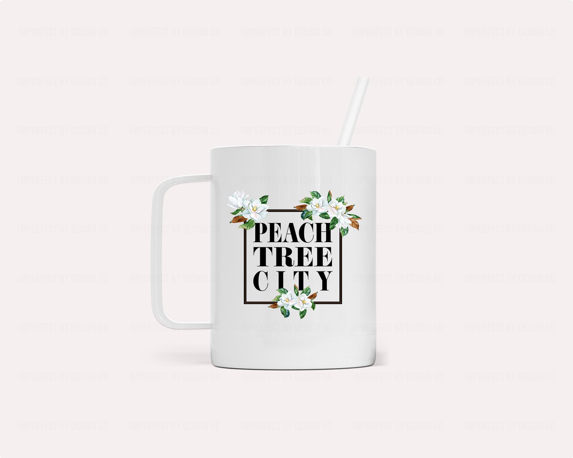 Insulated camper mug in white with black magnolia blooms frame with reusable straw | imperfecrt by design co
