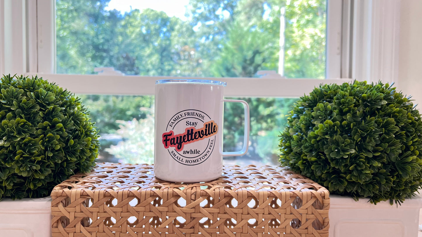 "Stay Awhile" Fayetteville Camper Mug | 12oz Enamel-Coated Stainless Steel
