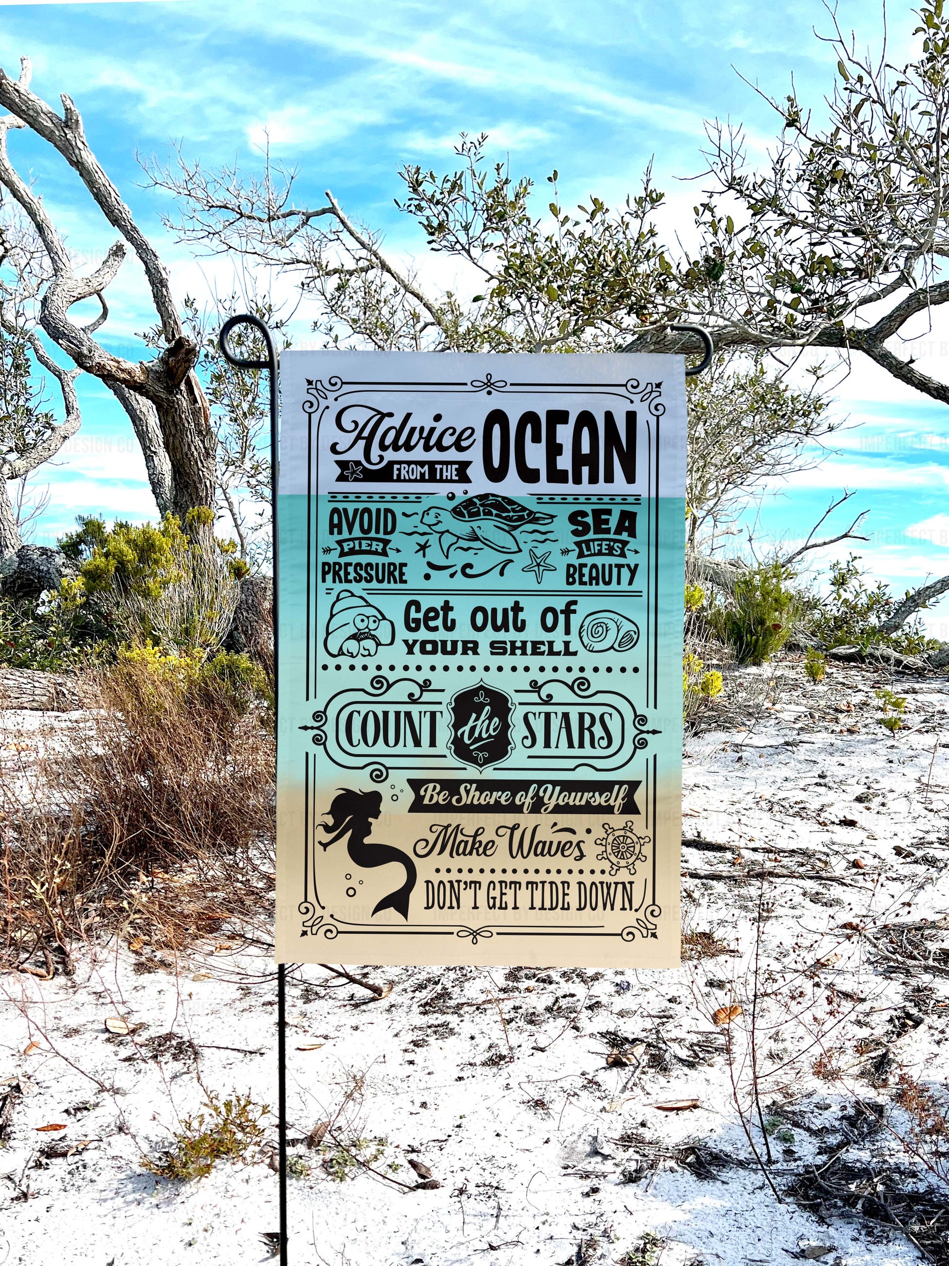 Outdoor garden flag with beachy vibe, perfect for adding coastal charm to your outdoor space | imperfect by design co