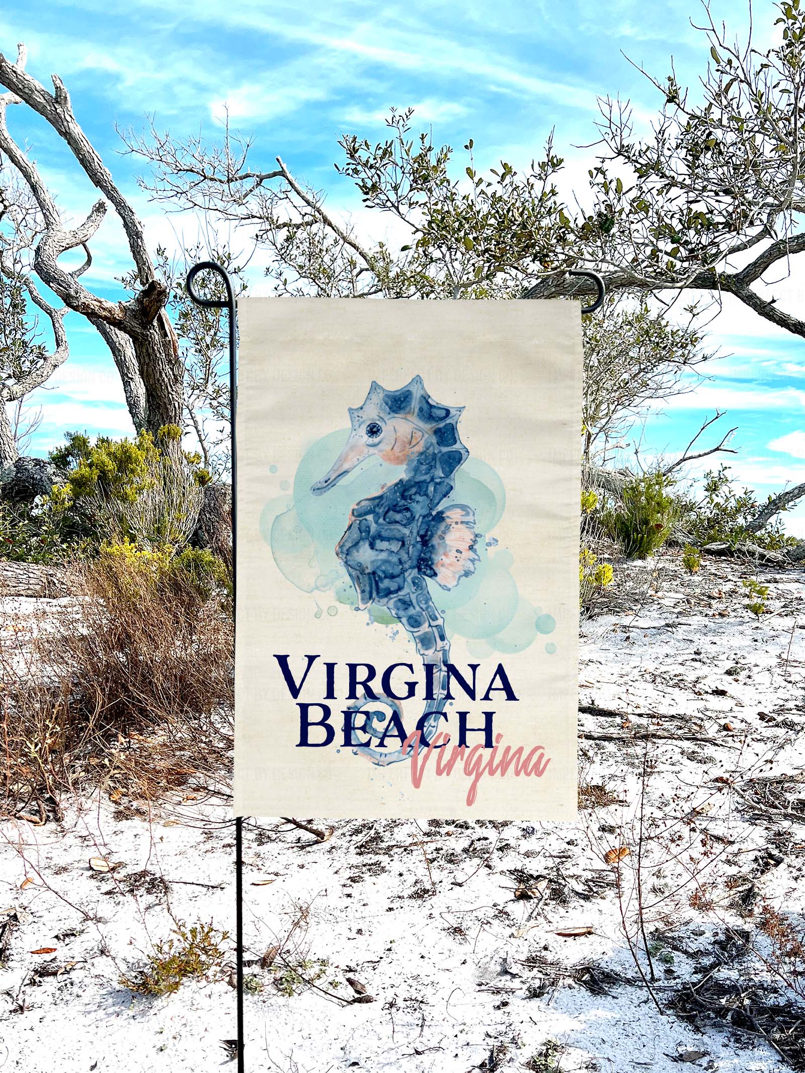 Nautical decor garden flag featuring watercolor seahorse with customizable city and state | imperfect by design co