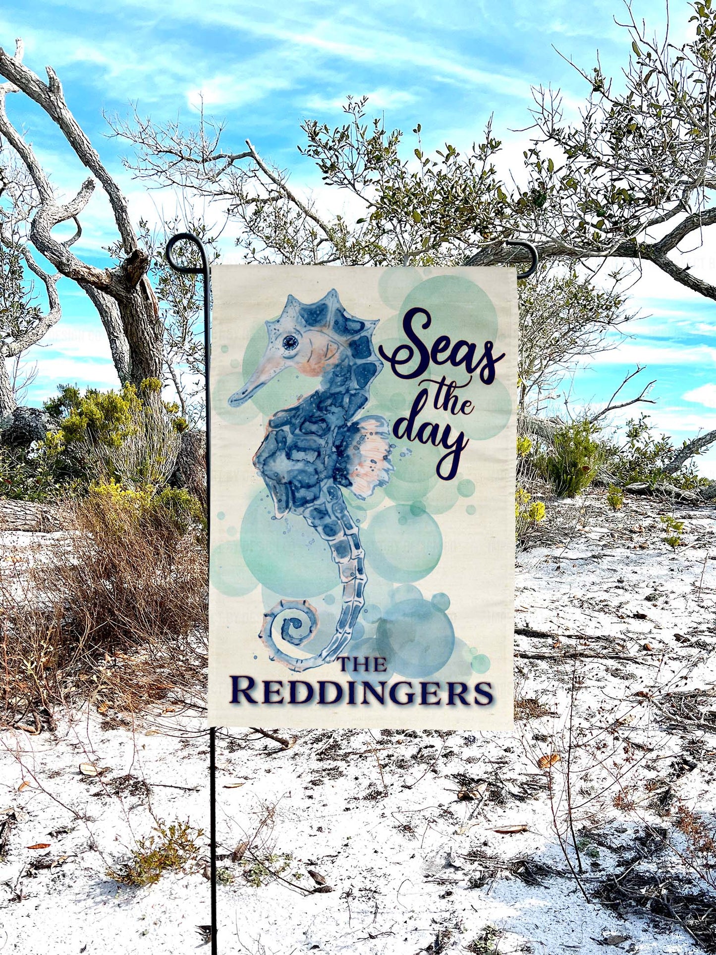 High-quality 12x18 double-sided yard flag featuring Seas the day text, water color seahorse and family name | imperfect by design co