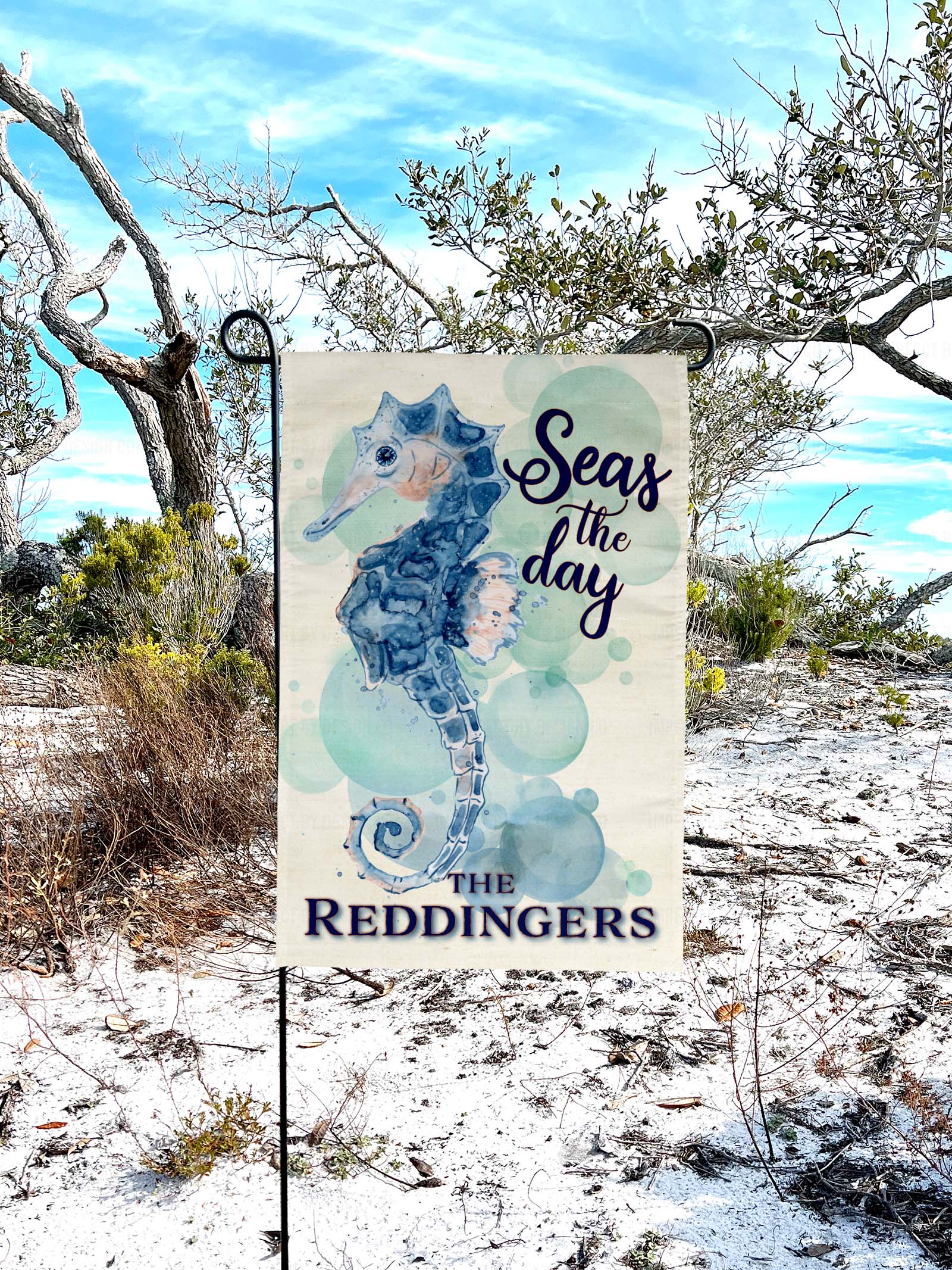 High-quality 12x18 double-sided yard flag featuring Seas the day text, water color seahorse and family name | imperfect by design co