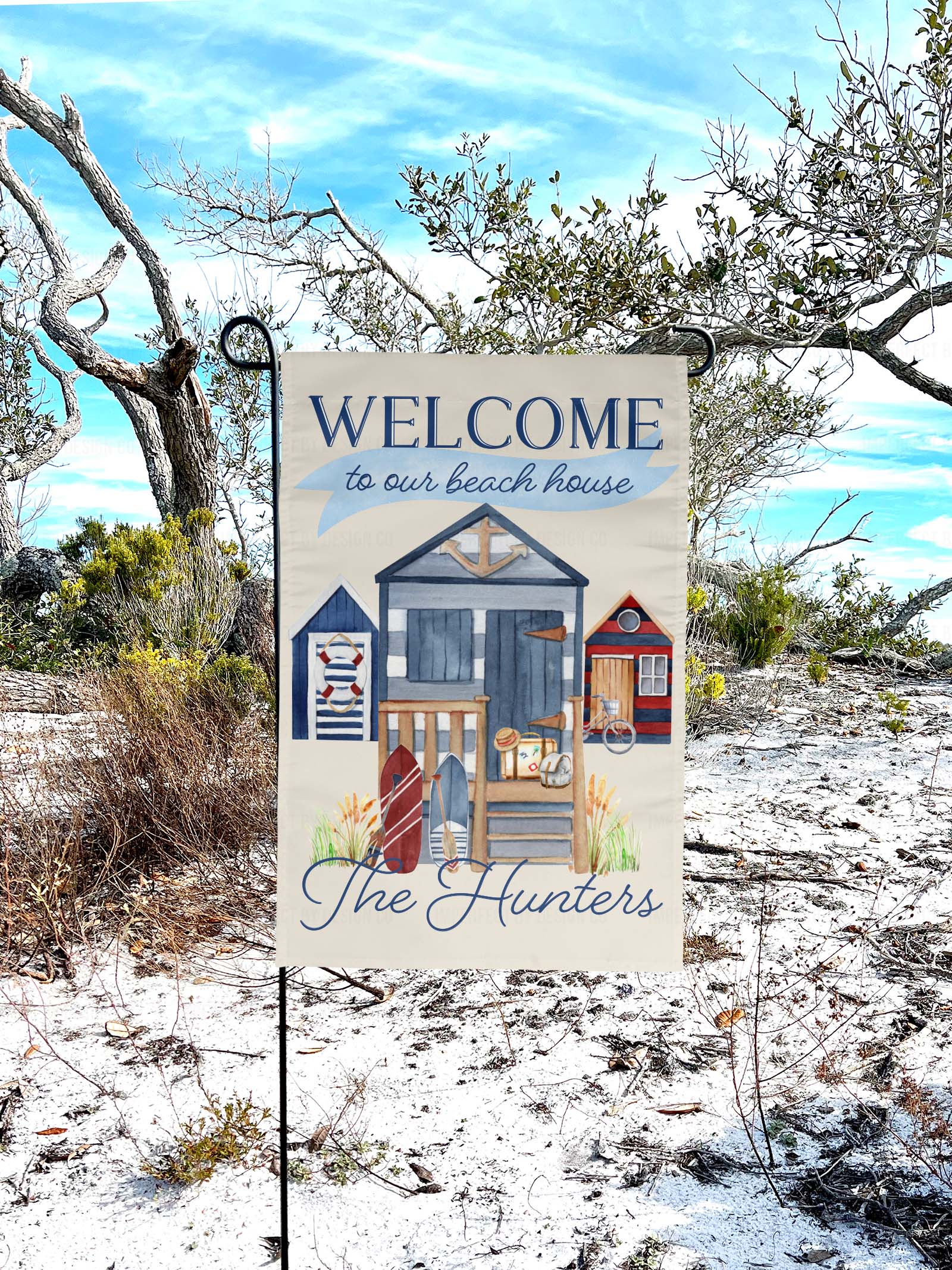 Welcome to our beach house Custom last name beach house flag with seaside cottages | imperfect by design co