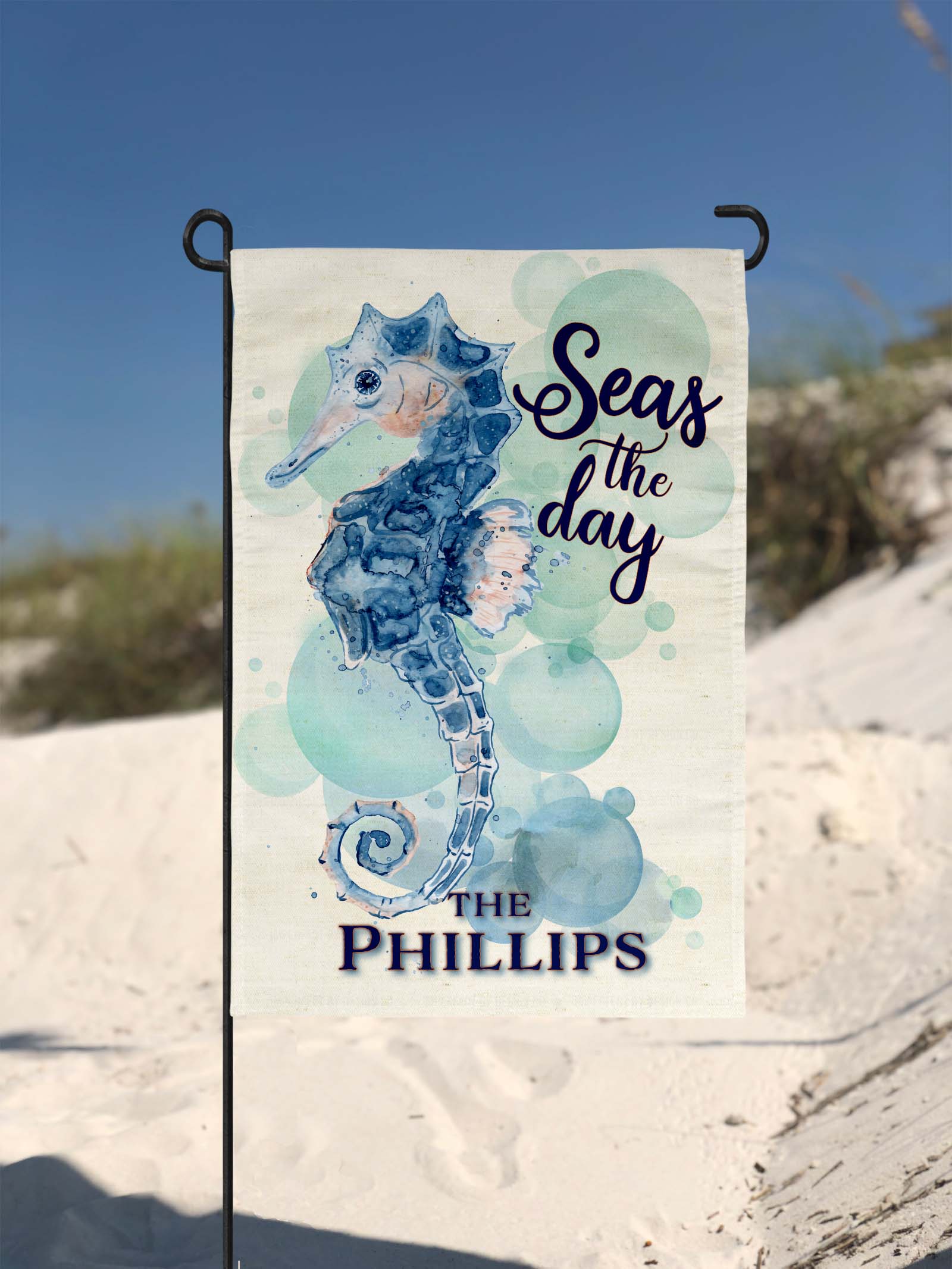 Personalized Blue bubble seahorse outdoor flag featuring Family Name and Seas the day text | imperfect by design co