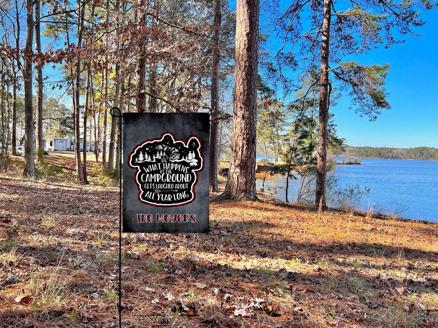 Night scene camping garden flag with personalized family name and funny camping quote | imperfect by design co