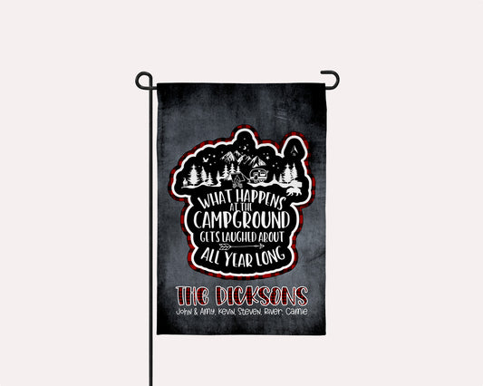 12x18 Playful camping flag with customizable last name and memorable camping quote | imperfect by design co