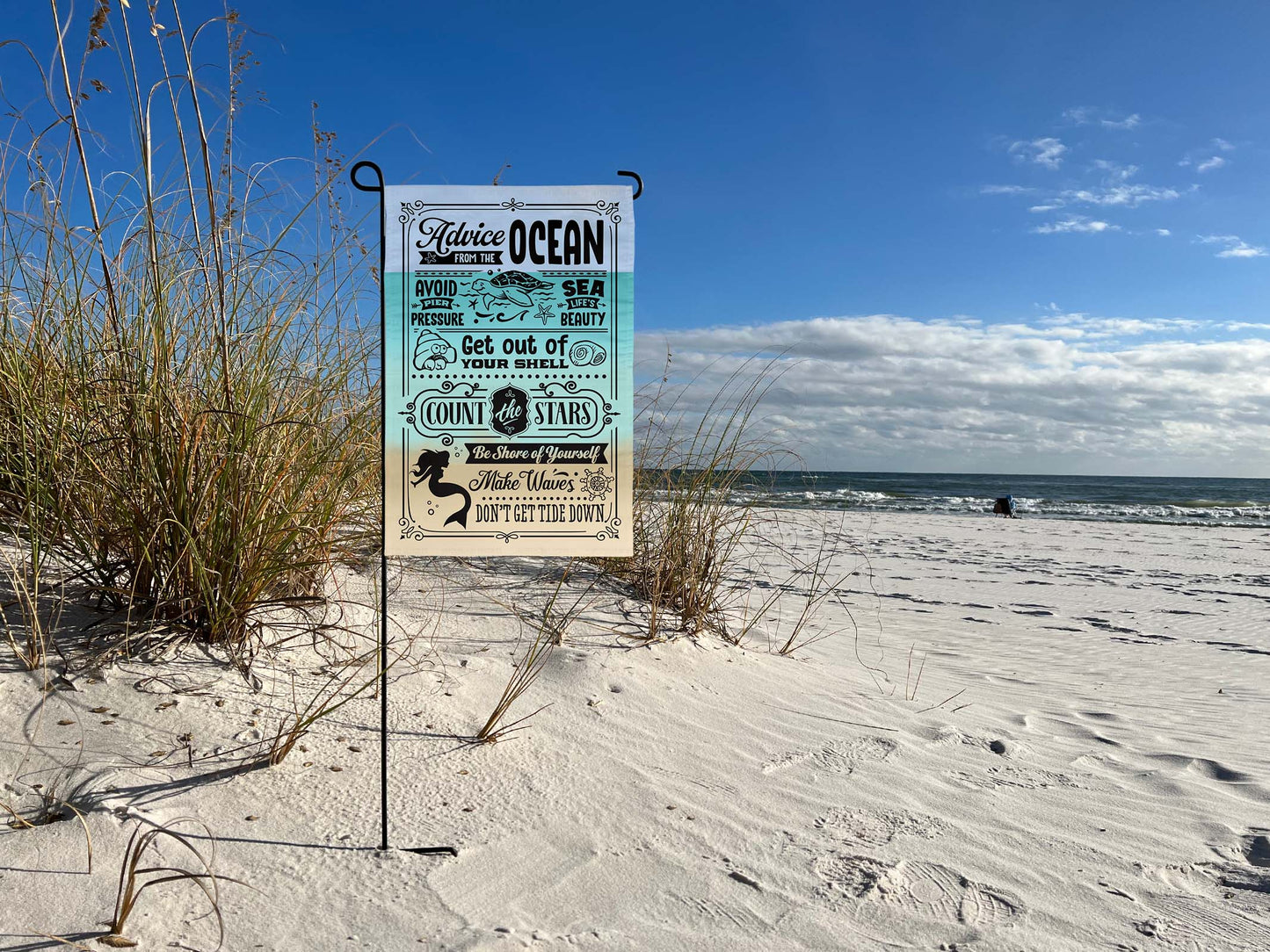 Weather-resistant garden flag with 'Advice from the Ocean' design and double-sided printing | imperfect by design co