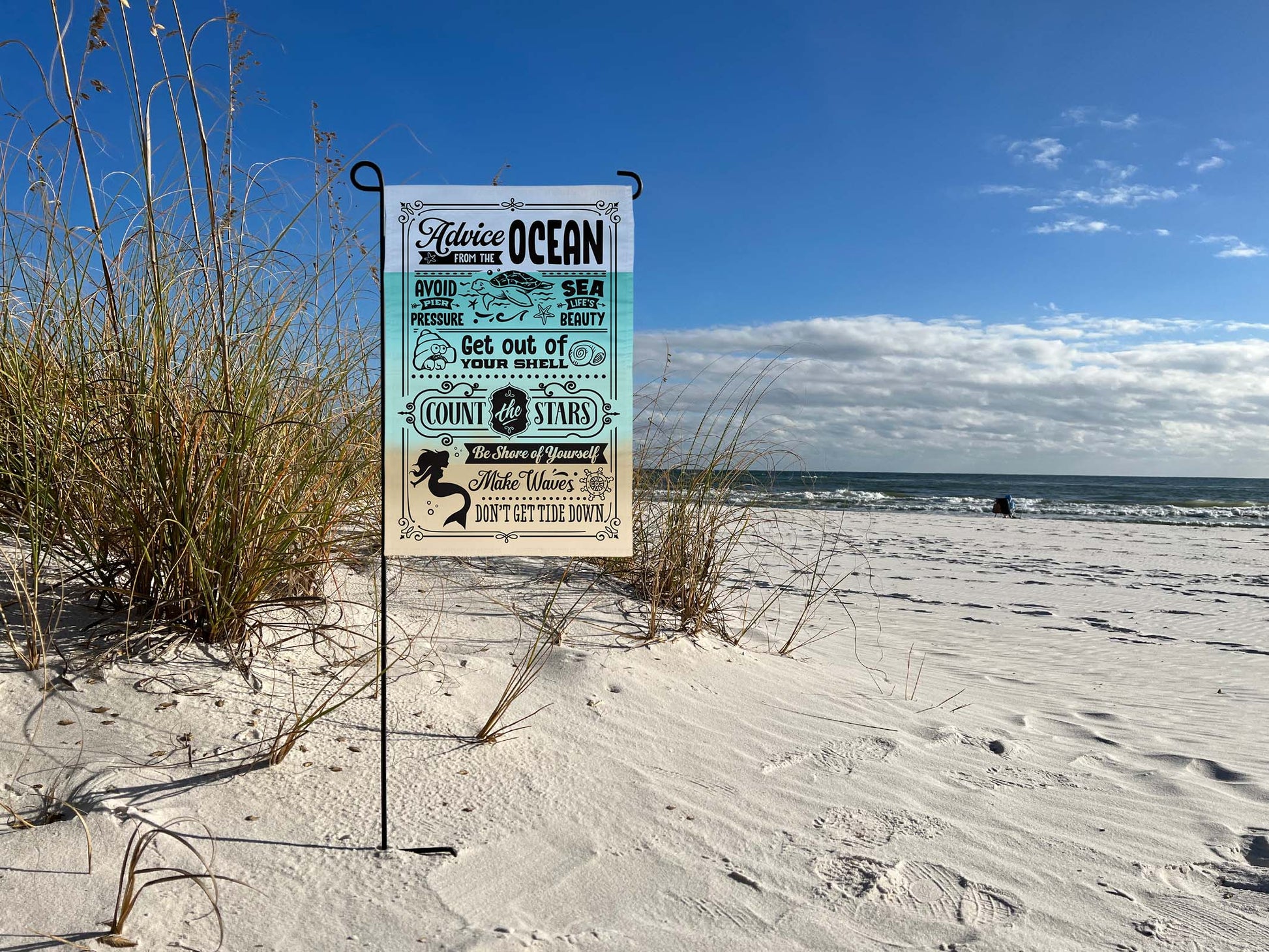 Weather-resistant garden flag with 'Advice from the Ocean' design and double-sided printing | imperfect by design co