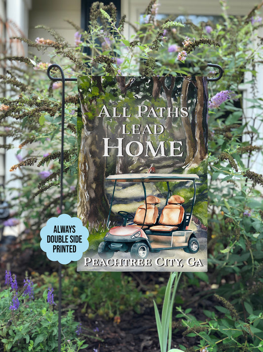Personalized Garden Flag "All Paths Lead Home" with Golf Cart