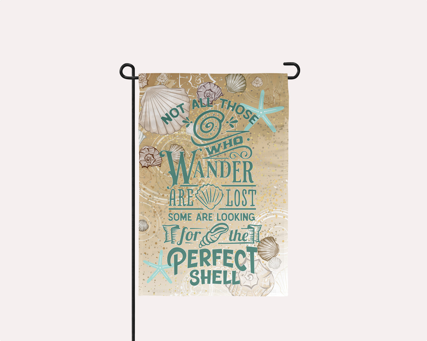 Coastal-inspired garden flag with a sand and shell background print | imperfect by design co
