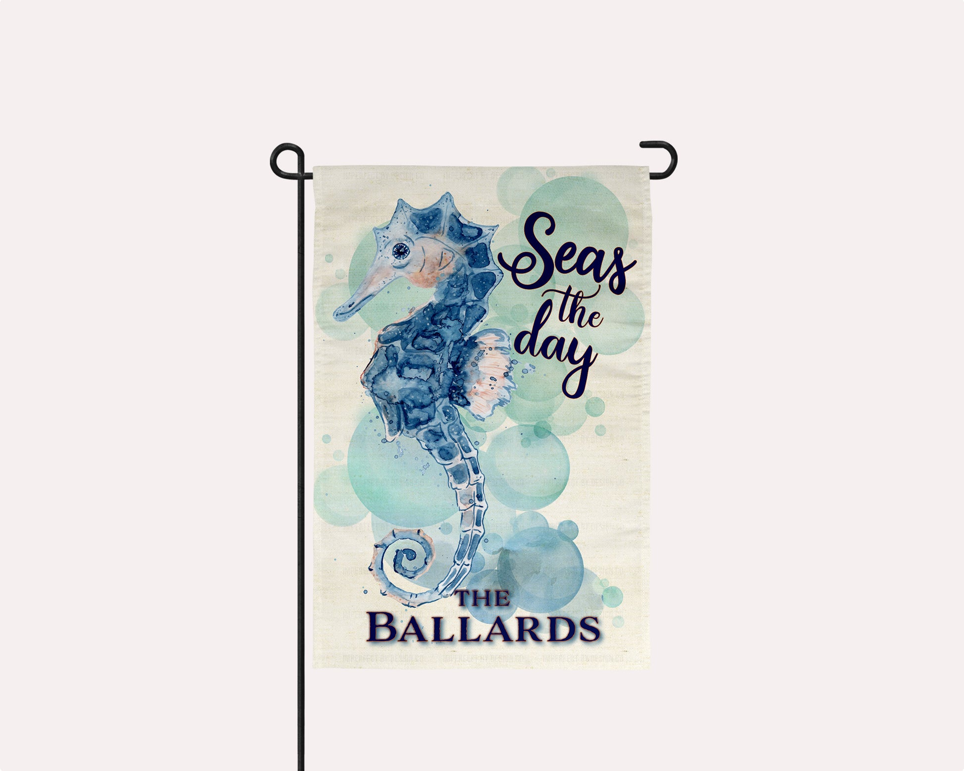 Personalized Watercolor stylized seahorse on beach garden flag | imperfect by design co