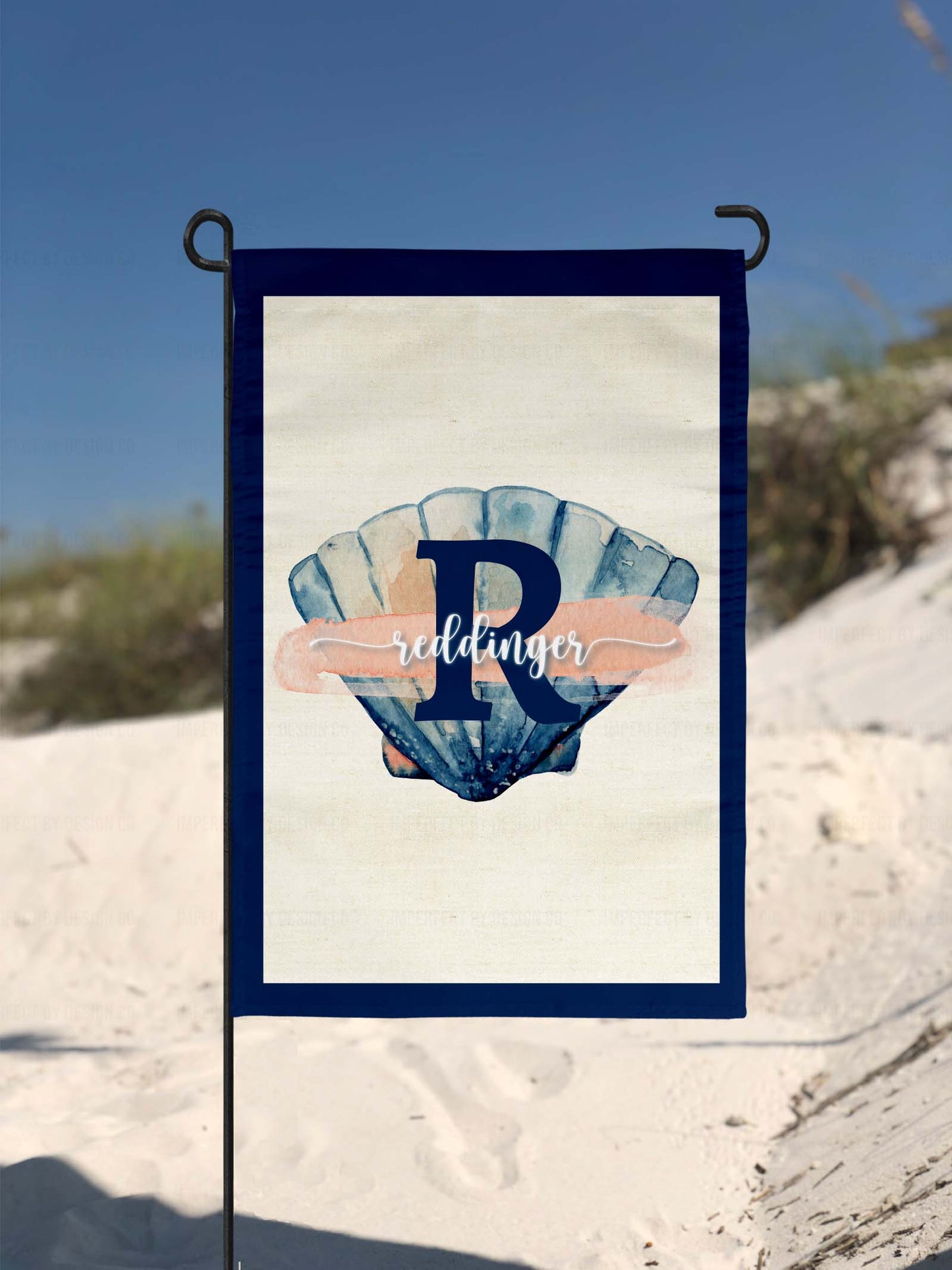 Custom seashell design coastal garden flag with elegant script font | imperfect by design co