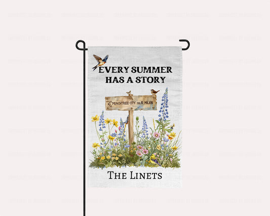 Personalized Peachtree City Garden Flag Featuring Garden Signpost, Every Summer has a Story