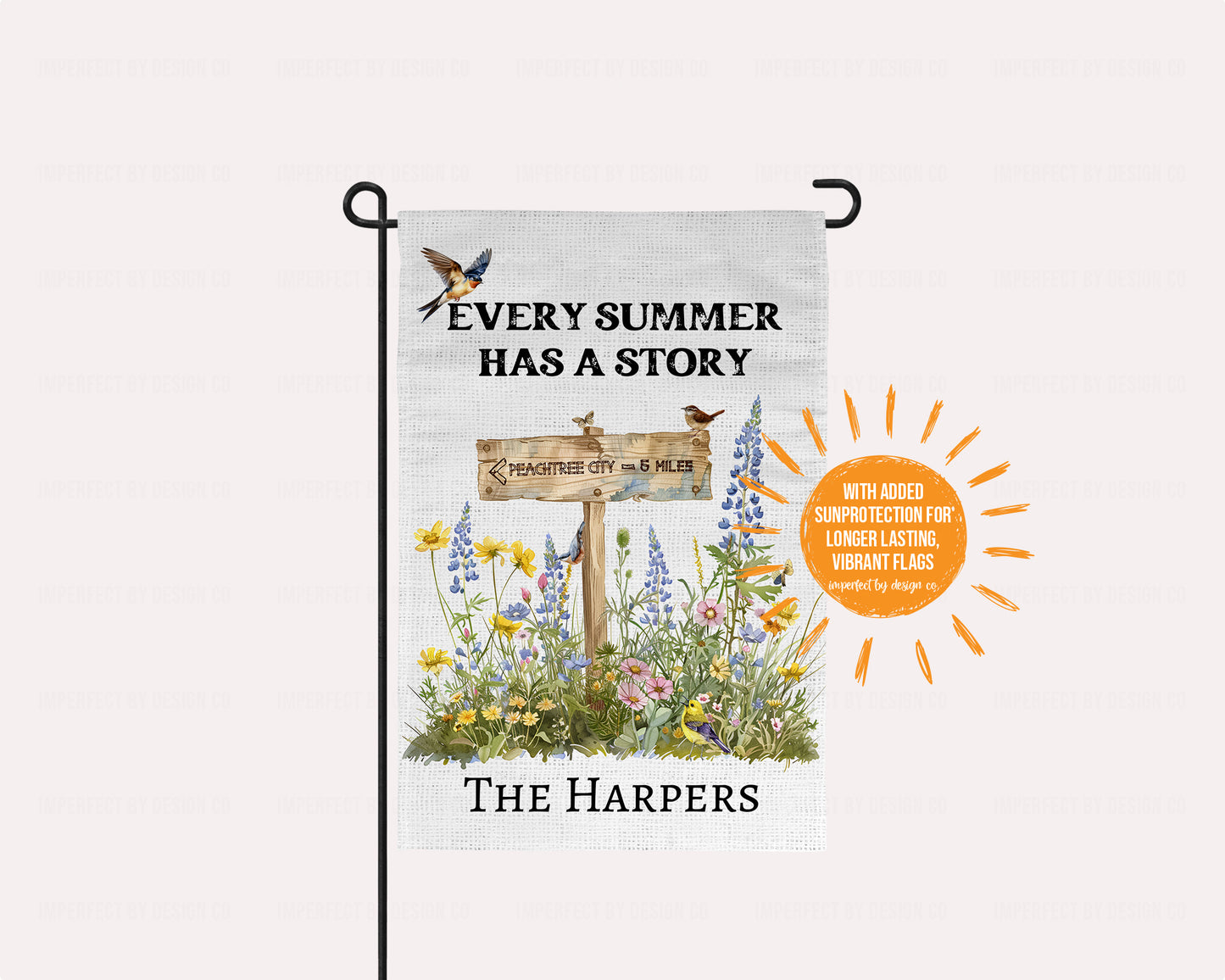 Personalized Peachtree City Garden Flag Featuring Garden Signpost, Every Summer has a Story