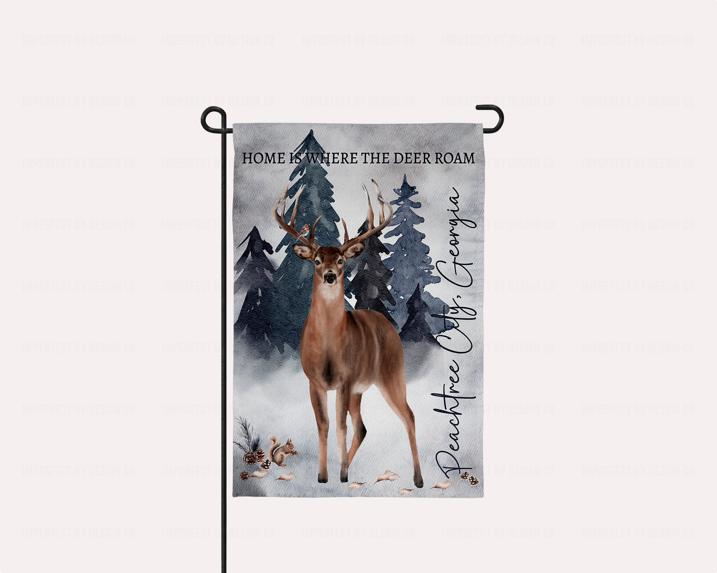 12x18 inch Personalized double-sided garden flag with deer, robin, and squirrel, “Home is Where the Deer Roam” | imperfect by design co