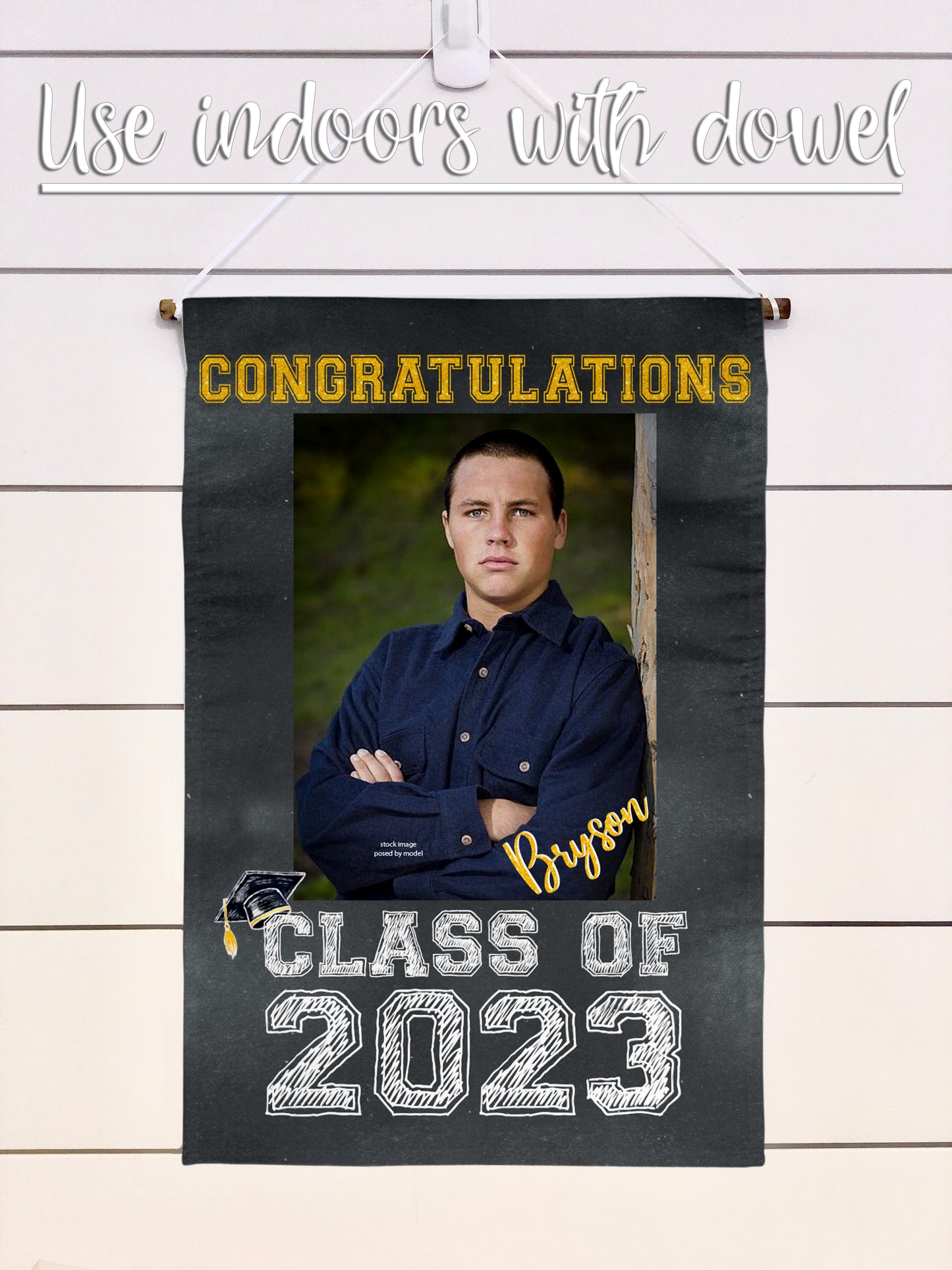 Elegant black frame with graduation cap accent adds sophistication to this personalized garden flag