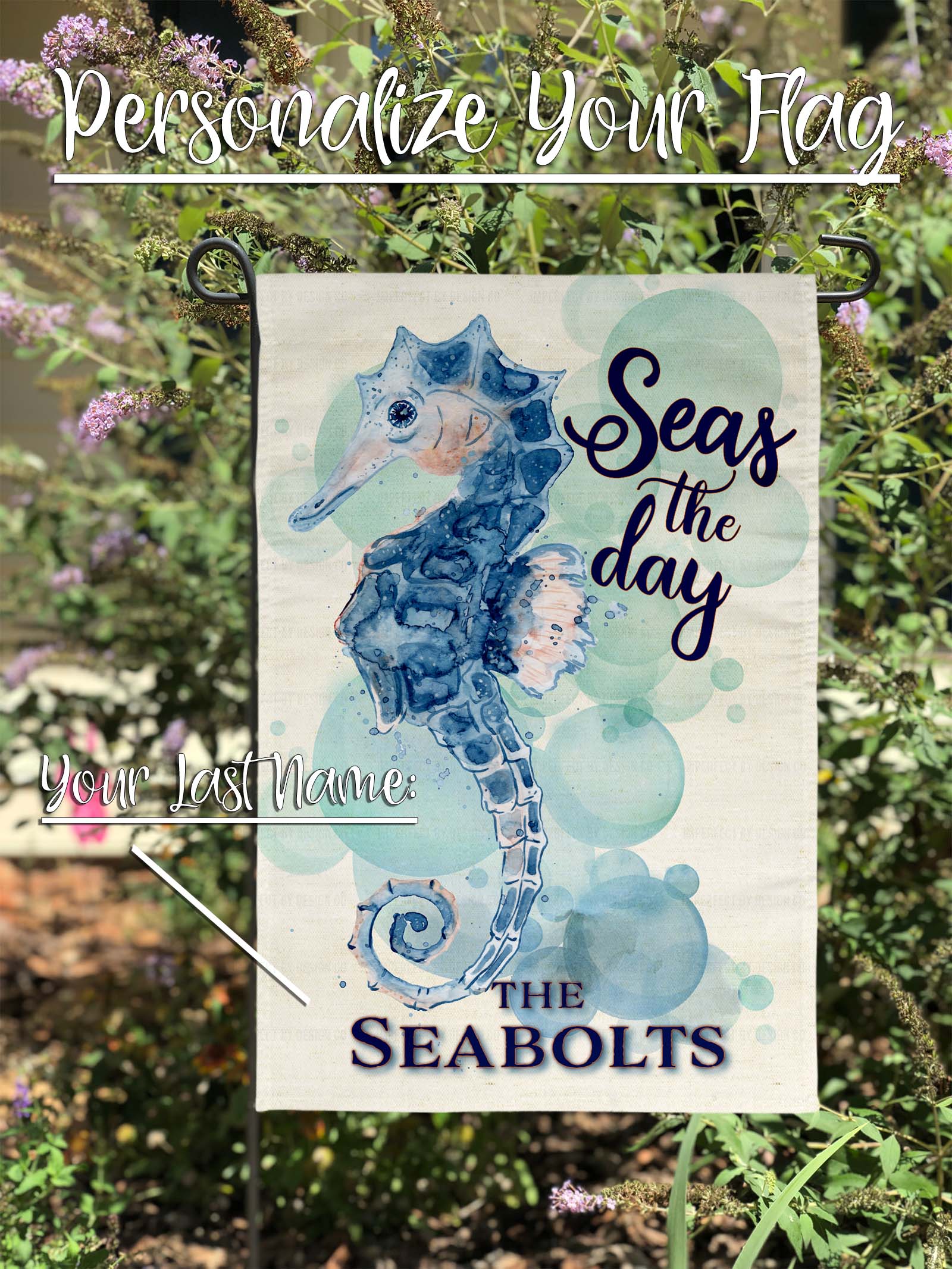 Personalized Seas the day coastal garden banner with Family name | imperfect by design co