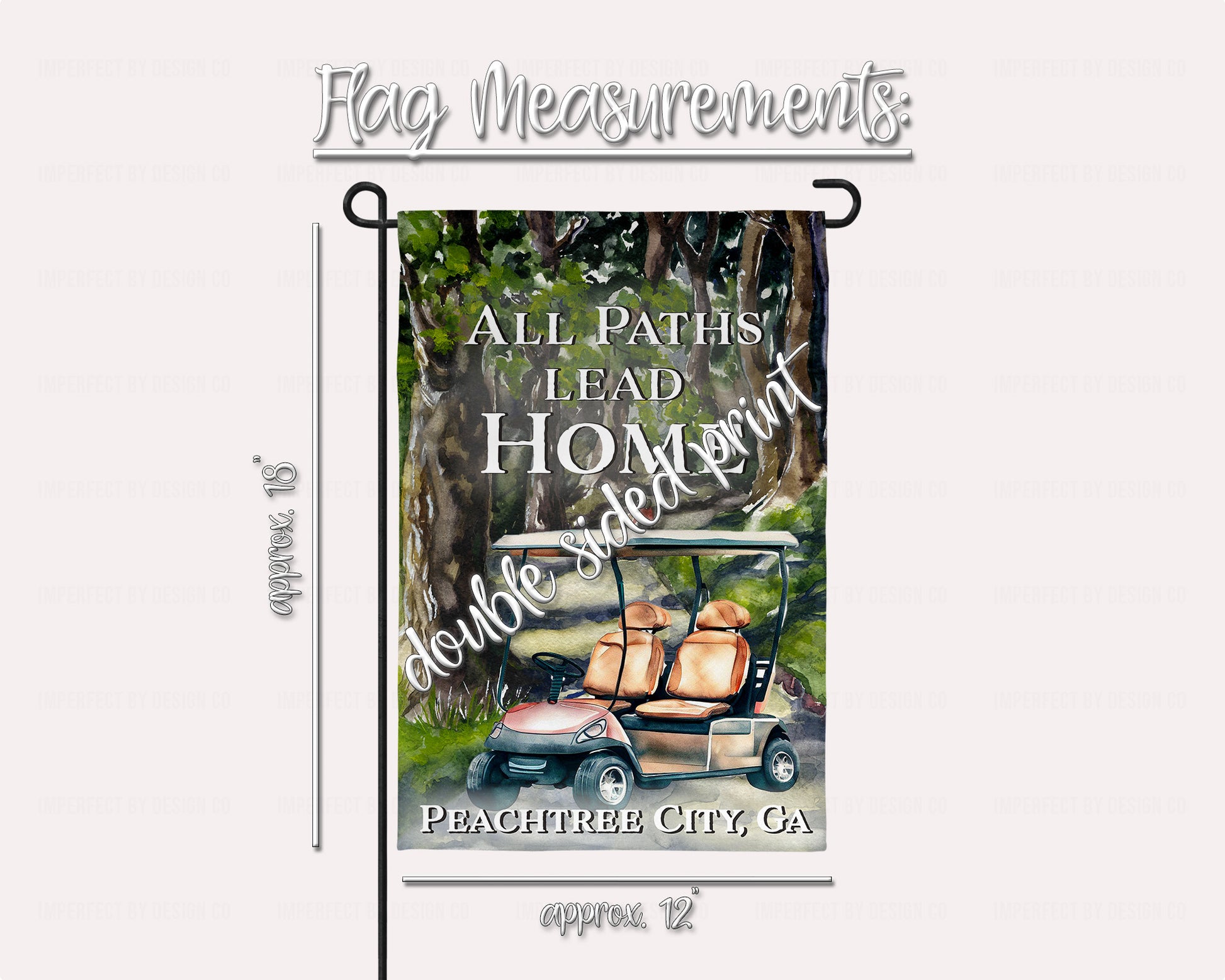 Personalized High-quality garden flag from the Hometown Pride collection featuring picturesque watercolor style scenery with golf cart | imperfect by design co