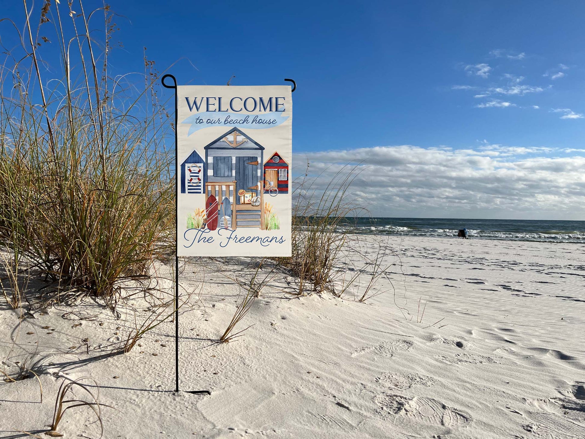 Coastal garden flag with personalized beach house greeting | imperfect by design co