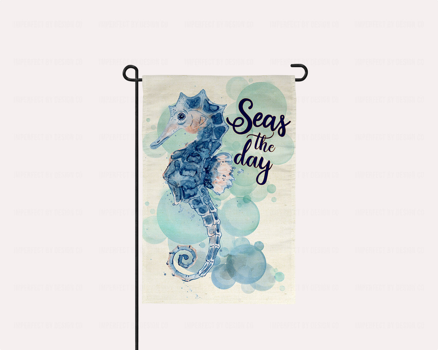 Coastal Garden Flag With Watercolor Seahorse, Seas The Day