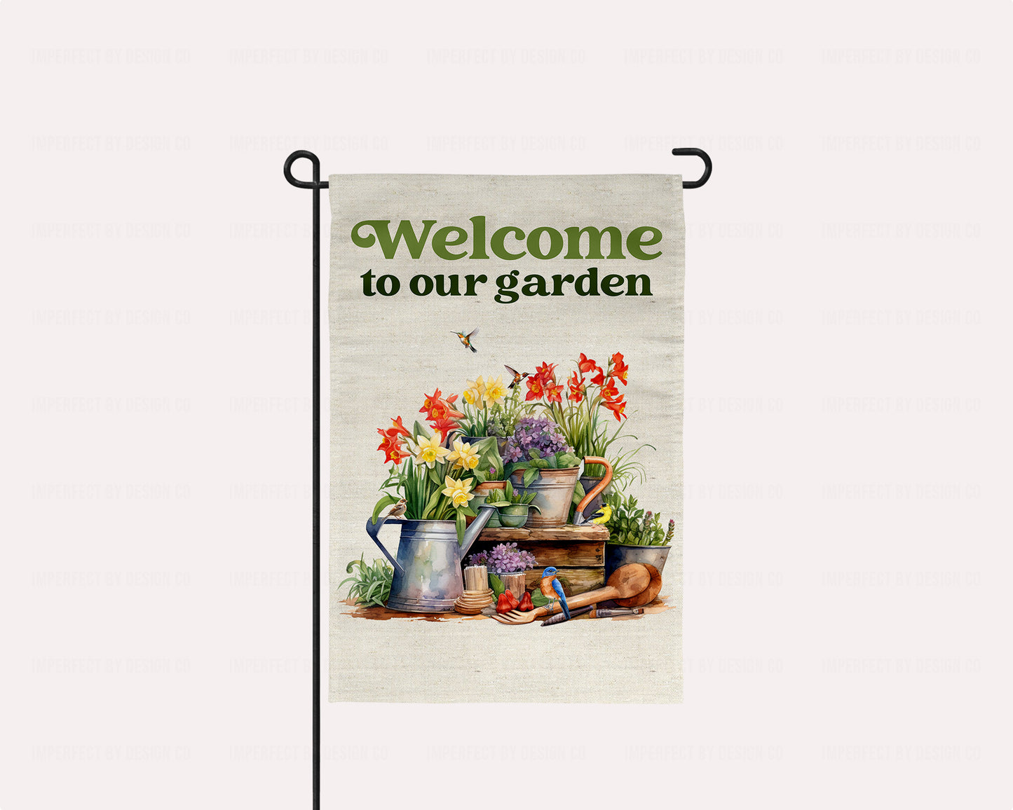 Garden Flag With Still Life of Flowers and Birds, Welcome To Our Garden