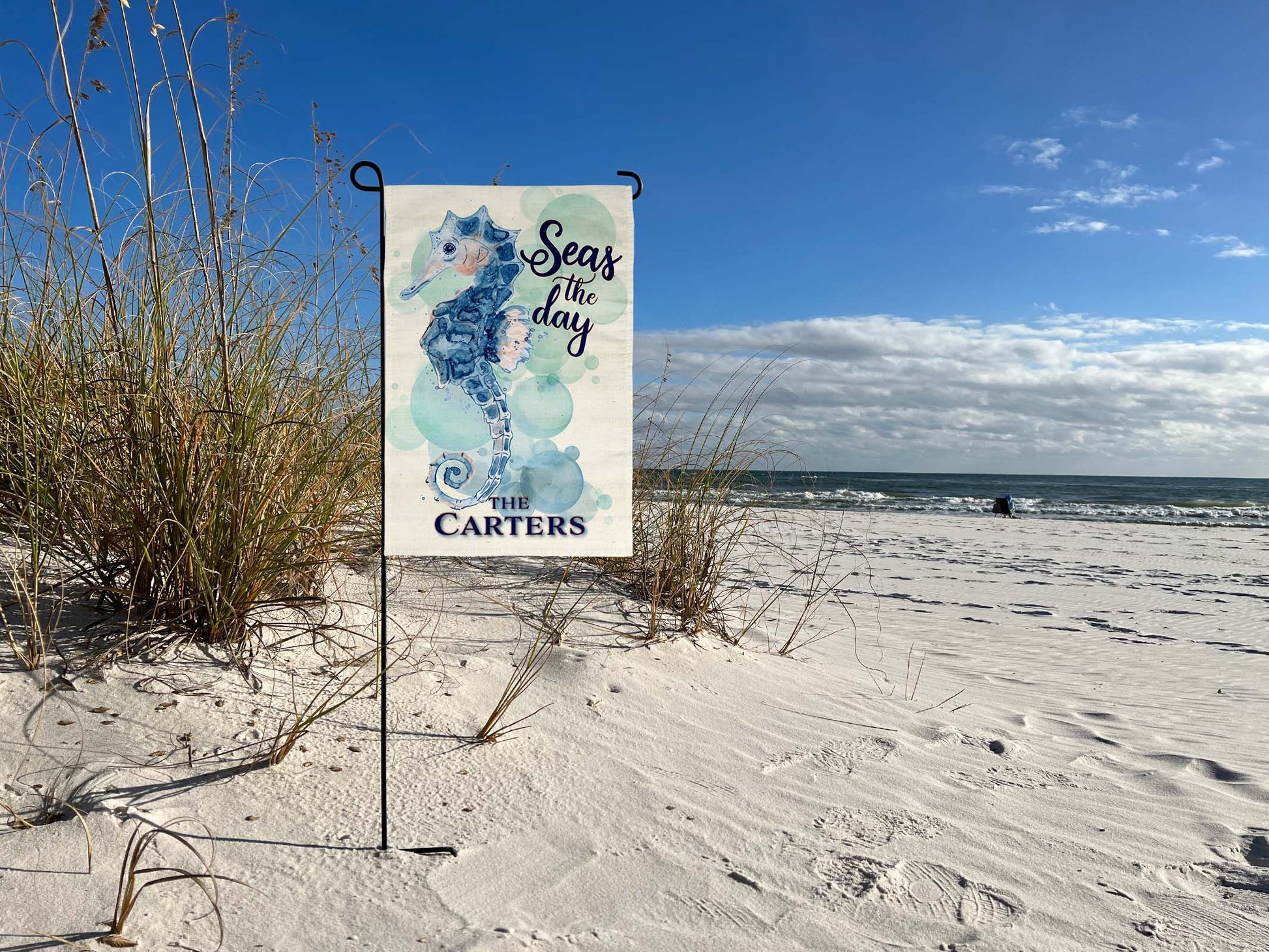 "Seas the day" water color seahorse customized with family name at the beach | imperfect by design co