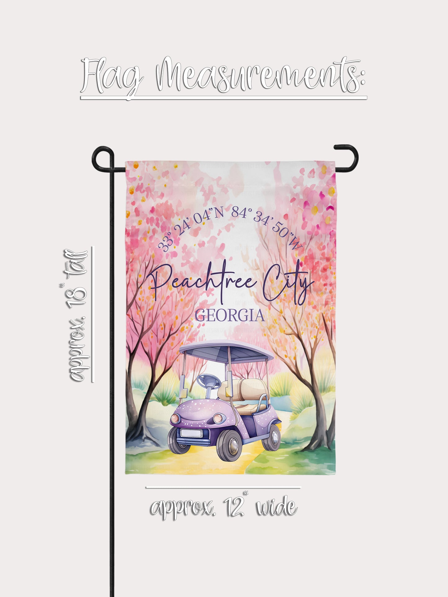 Peachtree City, Georgia Garden Flag Featuring Golf Cart and Coordinates