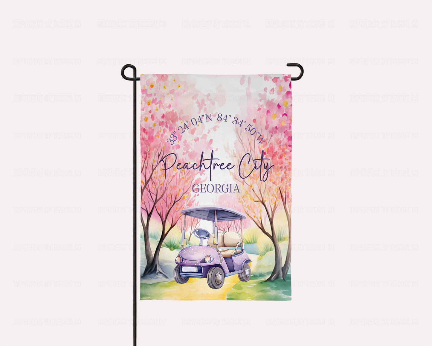 Peachtree City, Georgia Garden Flag Featuring Golf Cart and Coordinates