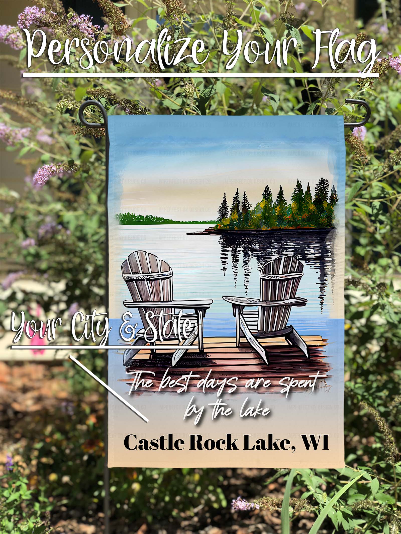 Double-sided garden flag showcasing lakeside beauty and personalized with your choice of city and state | imperfect by design co