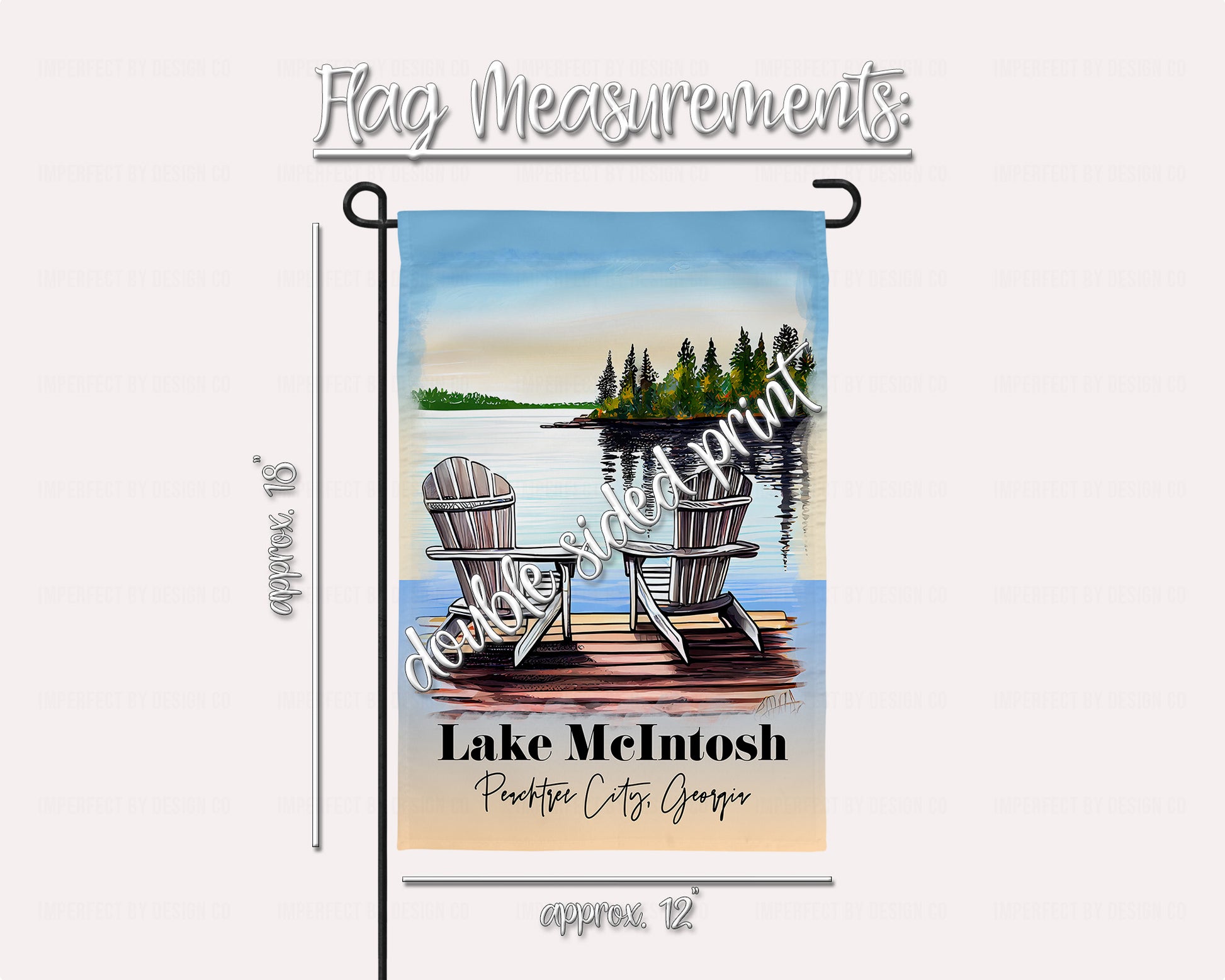 Double-sided garden flag showcasing lakeside beauty and personalized city and state | imperfect by design co