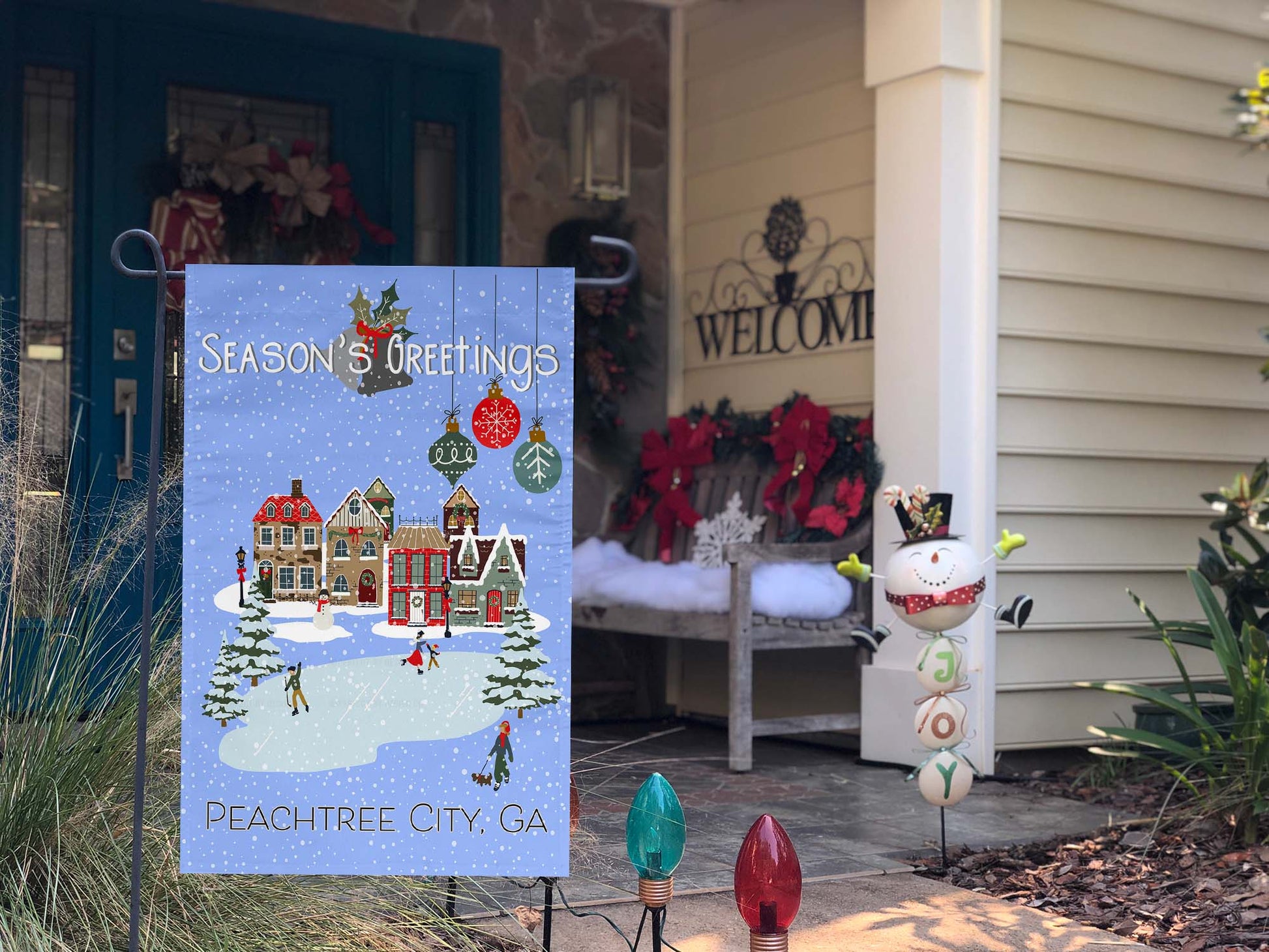 High-quality 12x18 inch winter wonderland flag with customizable city and state details in winter setting | imperfect by design co