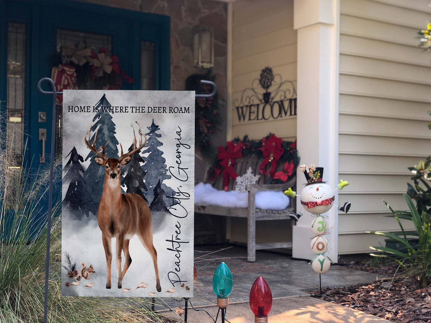 Garden Flag featuring Regal whitetail buck in a winter pine forest garden flag, personalized with your City and State in Winter Setting | imperfect by design co