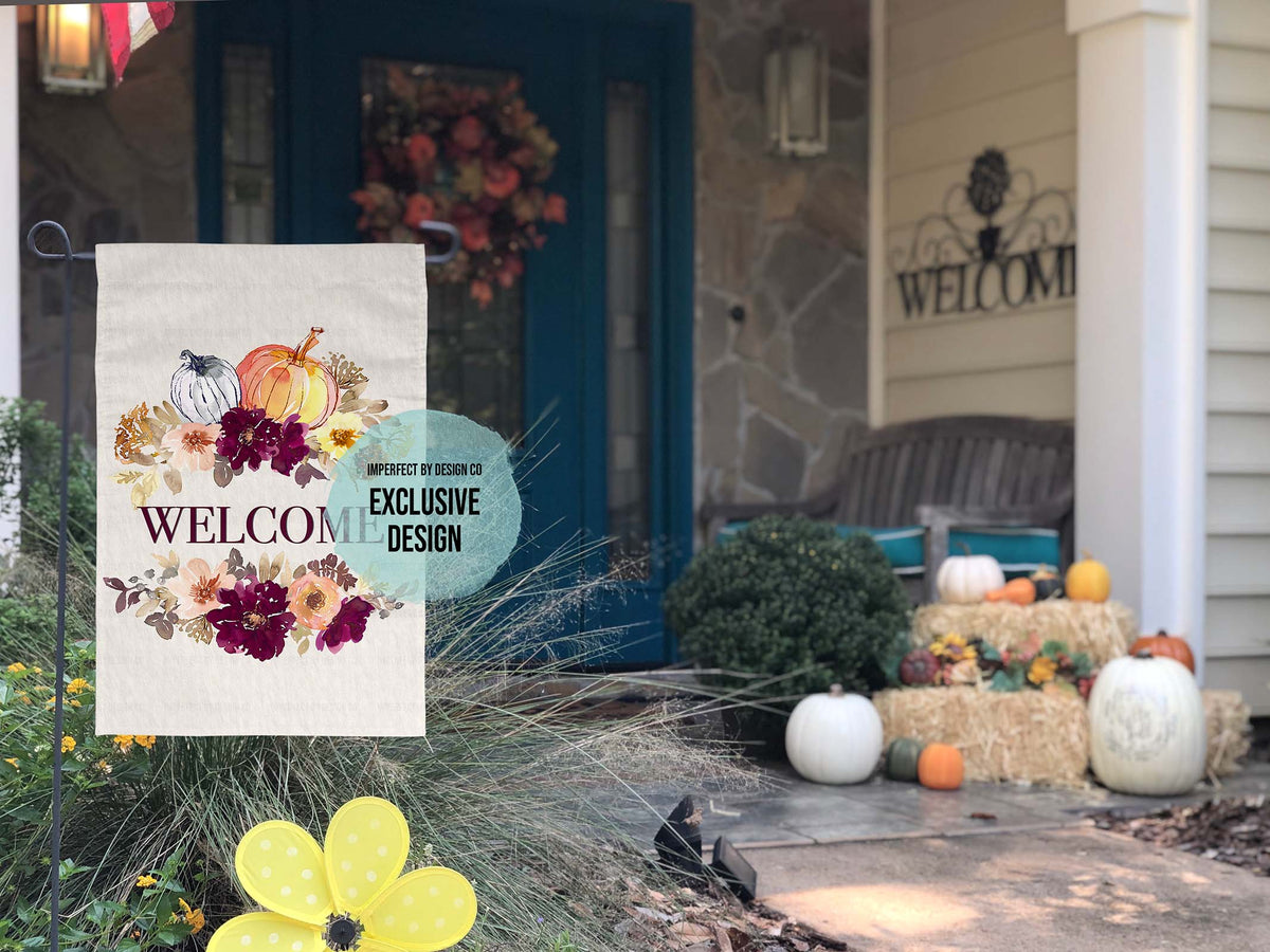 Welcome - Pumpkins & Fall Flowers - Garden Flag