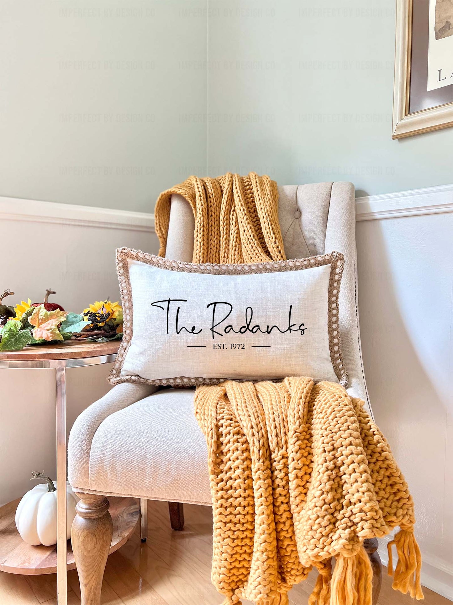 High-quality poly linen pillow cover with jute trim, personalized for weddings and anniversaries | imperfect by design co