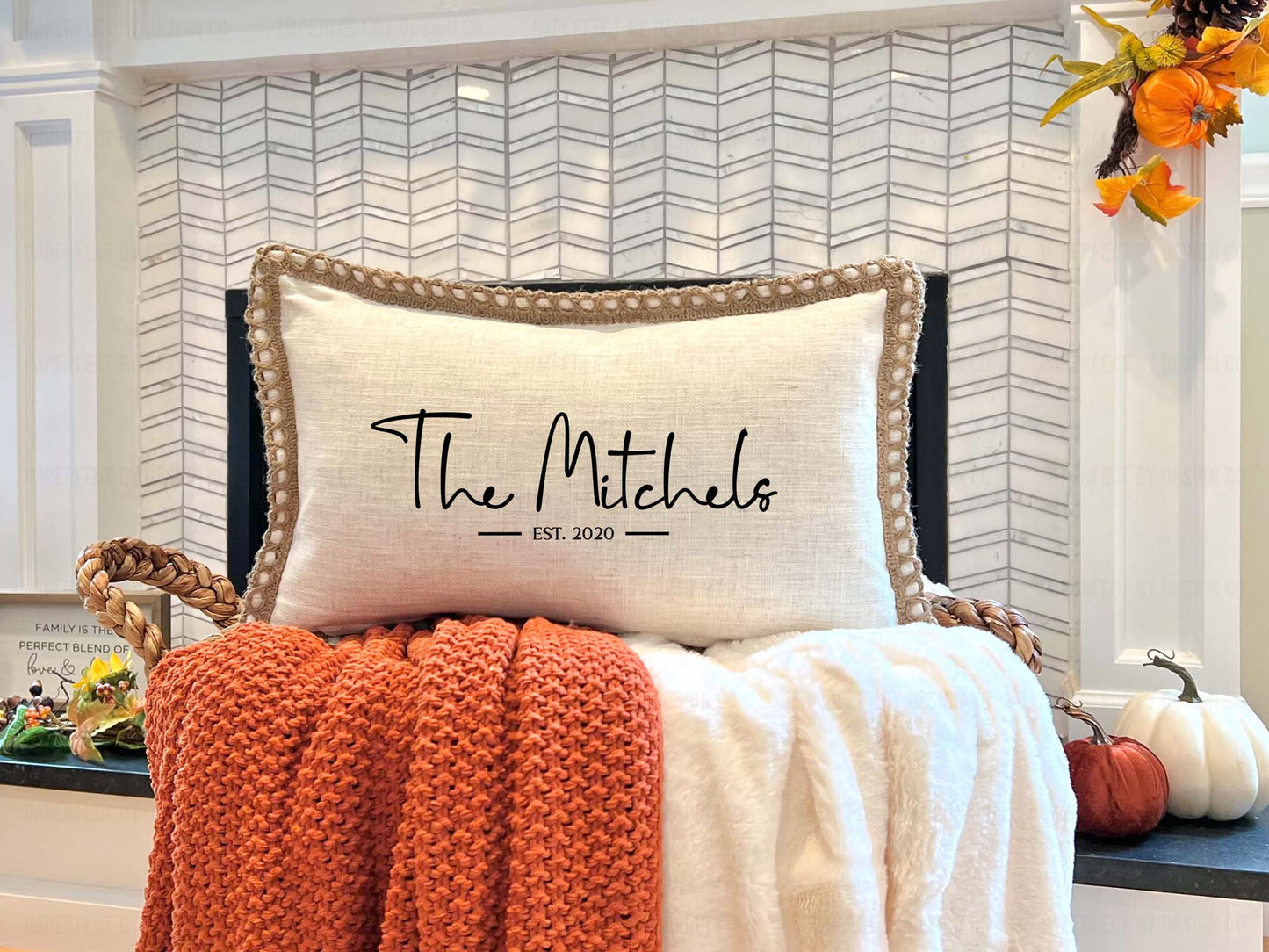 Personalized decorative pillow cover with Family name and year of marriage in elegant script font | imperfect by design co