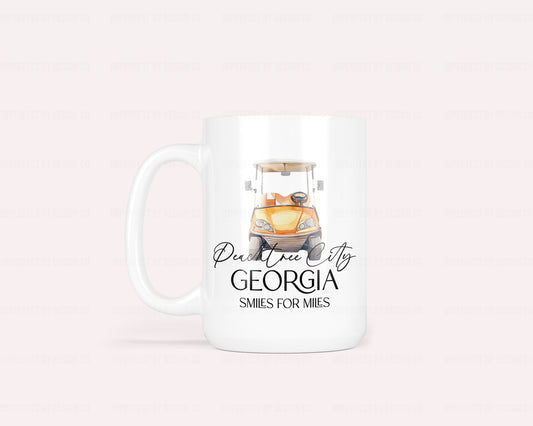 15oz Ceramic Coffee Mug - Golf Cart & Script "Peachtree City" Design | Smiles for Miles | Georgia Souvenir