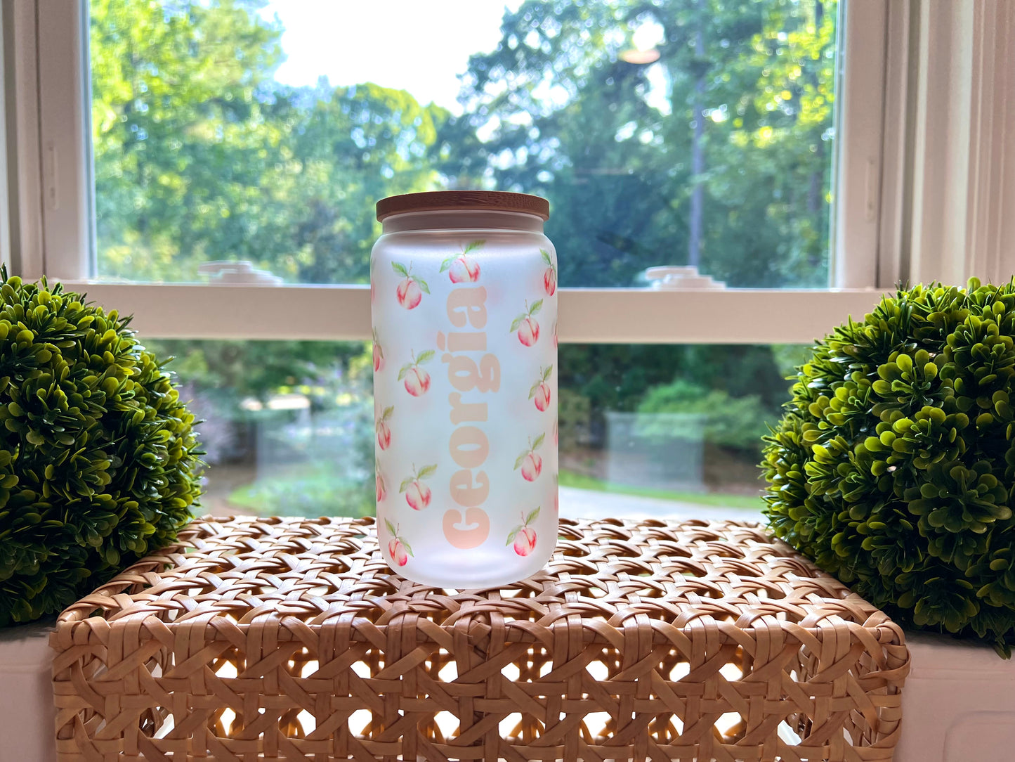 16oz Frosted Glass Tumbler - Peach Pattern & Georgia Wrap Design