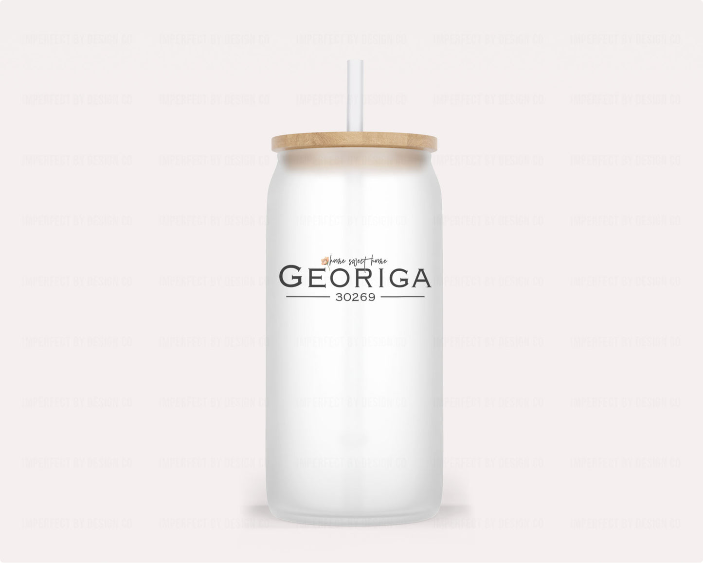 16oz Eco-friendly glass tumbler shaped like a soda can with "Home sweet home Georgia 30269" text and reusable plastic straw | imperfect by design co