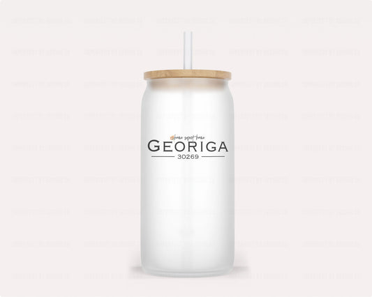 16oz Eco-friendly glass tumbler shaped like a soda can with "Home sweet home Georgia 30269" text and reusable plastic straw | imperfect by design co