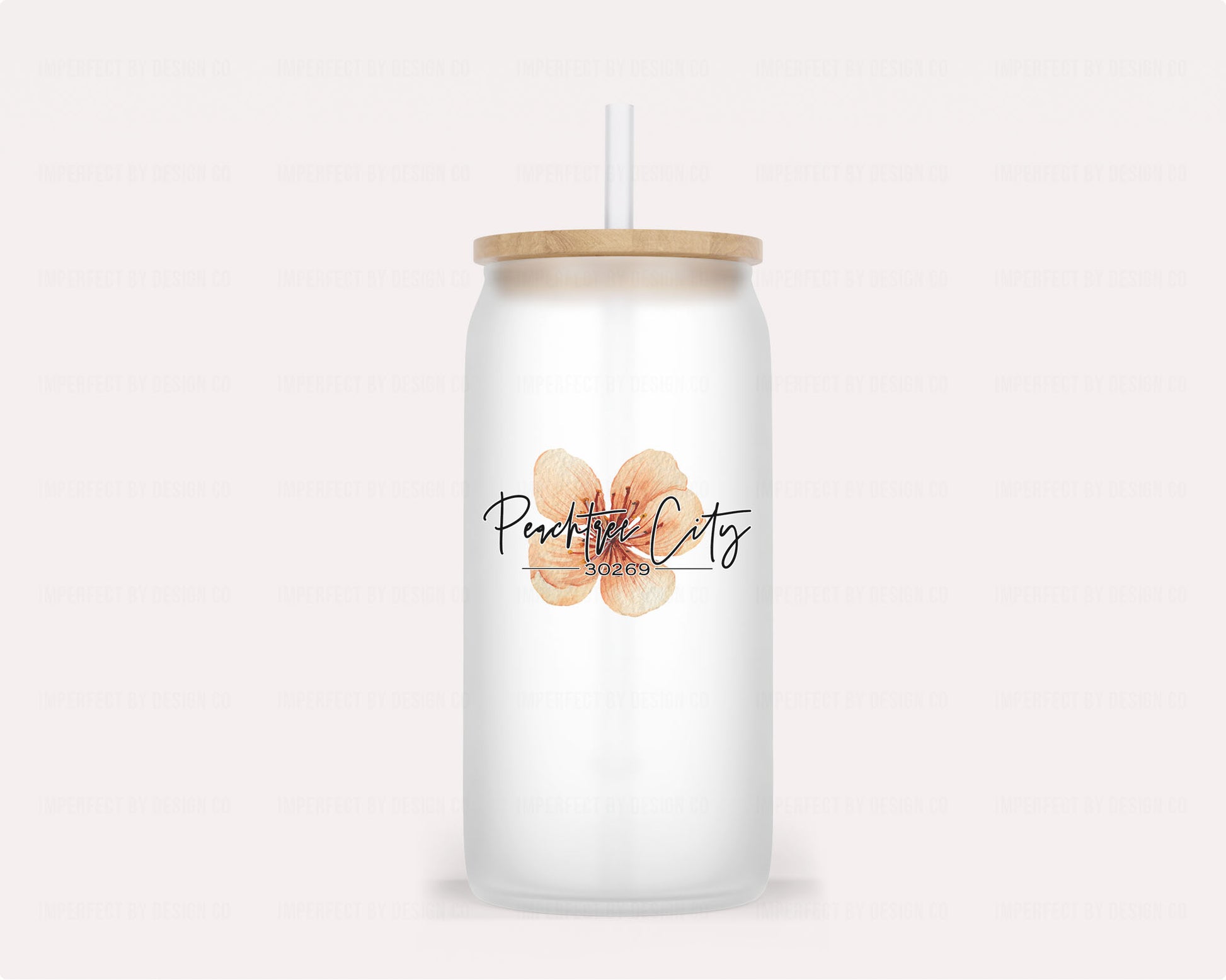 16oz frosted glass tumbler with a Peachtree City 30269 graphic featuring a large peach blossom | imperfect by design co