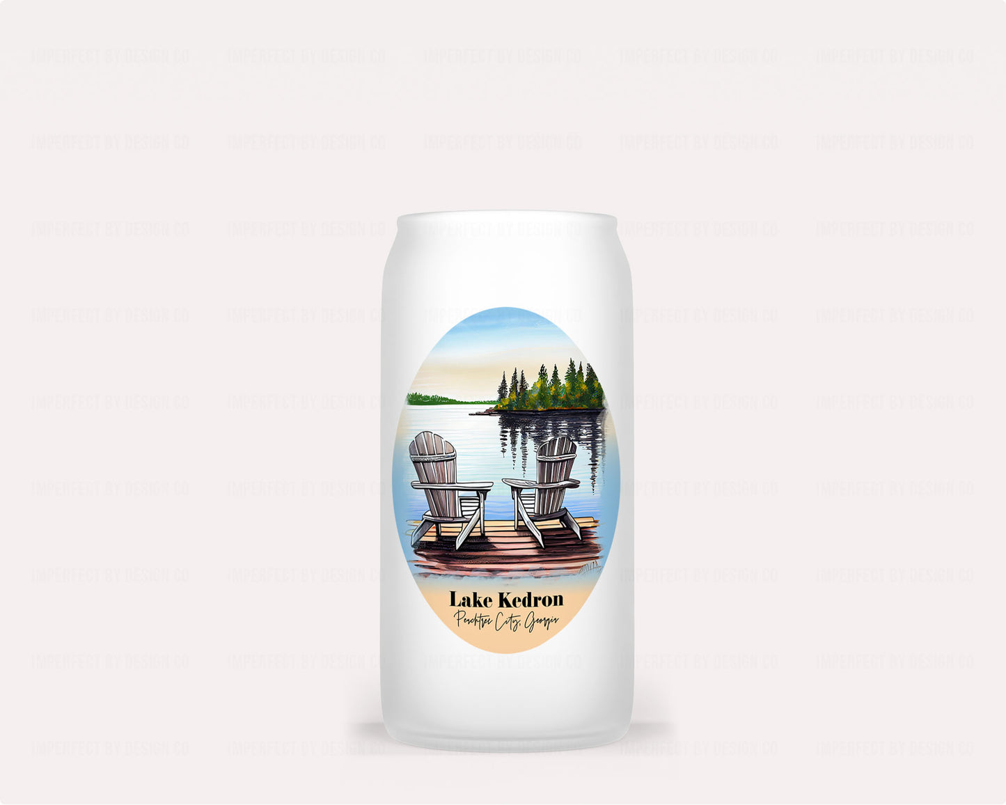 Personalized 16-ounce glass tumbler featuring anaconda chairs overlooking a serene lake | imperfect by design co