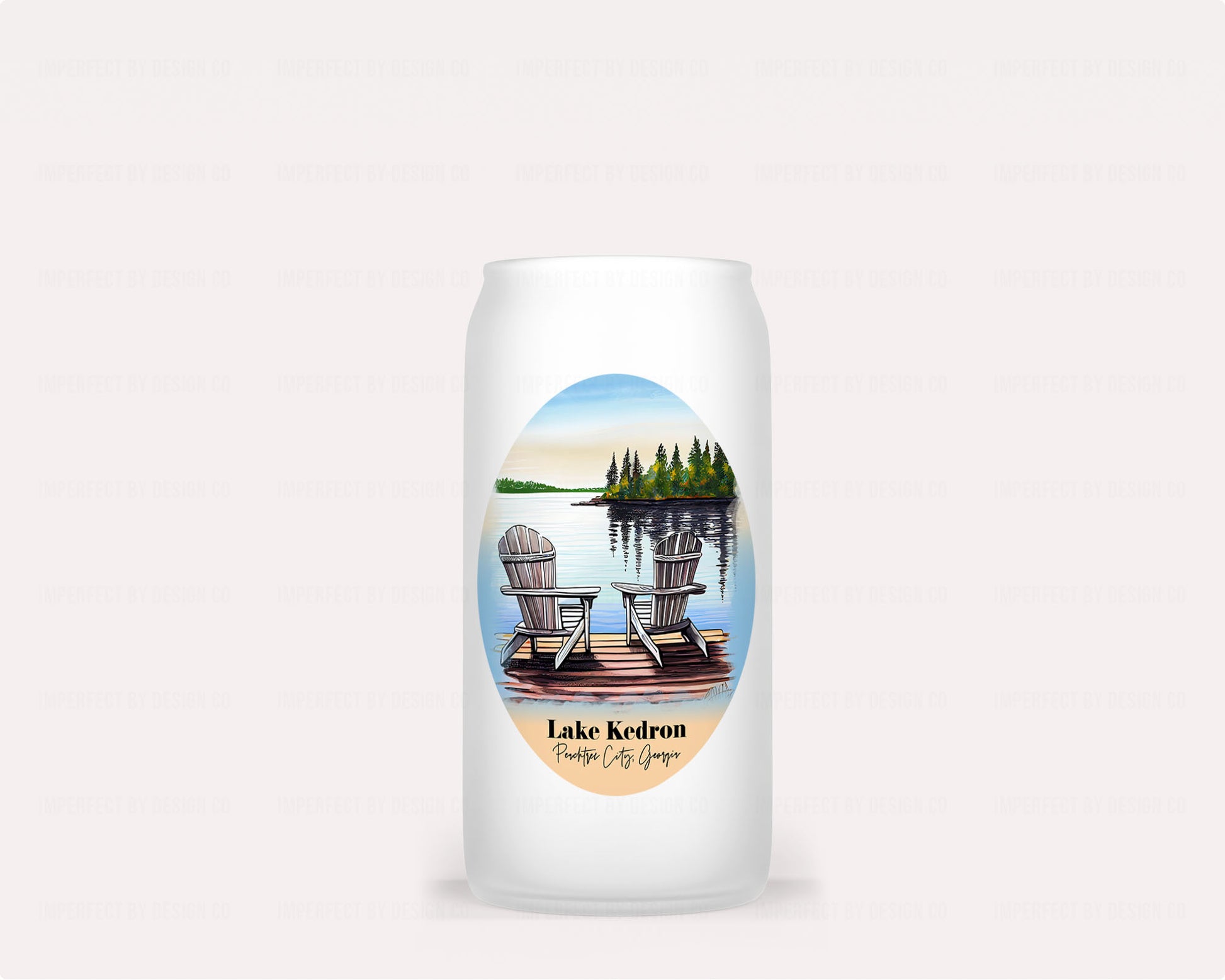 Personalized 16-ounce glass tumbler featuring anaconda chairs overlooking a serene lake | imperfect by design co