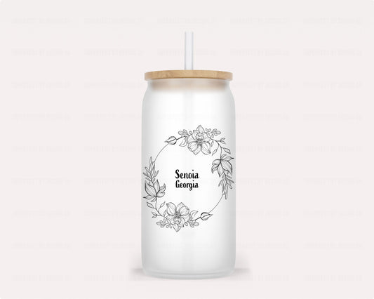 Personalized Frosted Glass Tumbler – Elegant Floral Motif with Your Chosen City and State