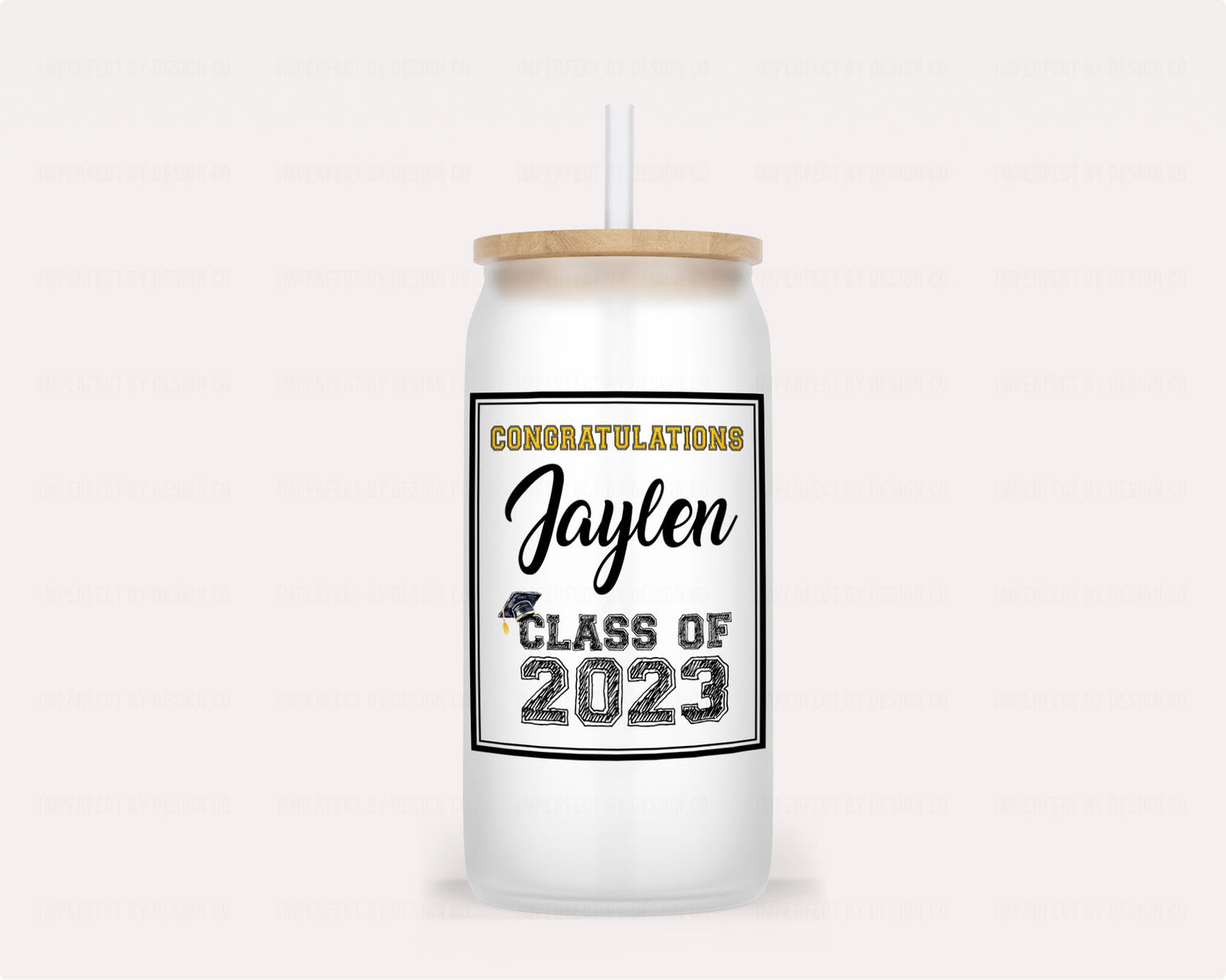Personalized Graduation-themed frosted glass tumbler with bamboo lid and reusable straw | imperfect by design co